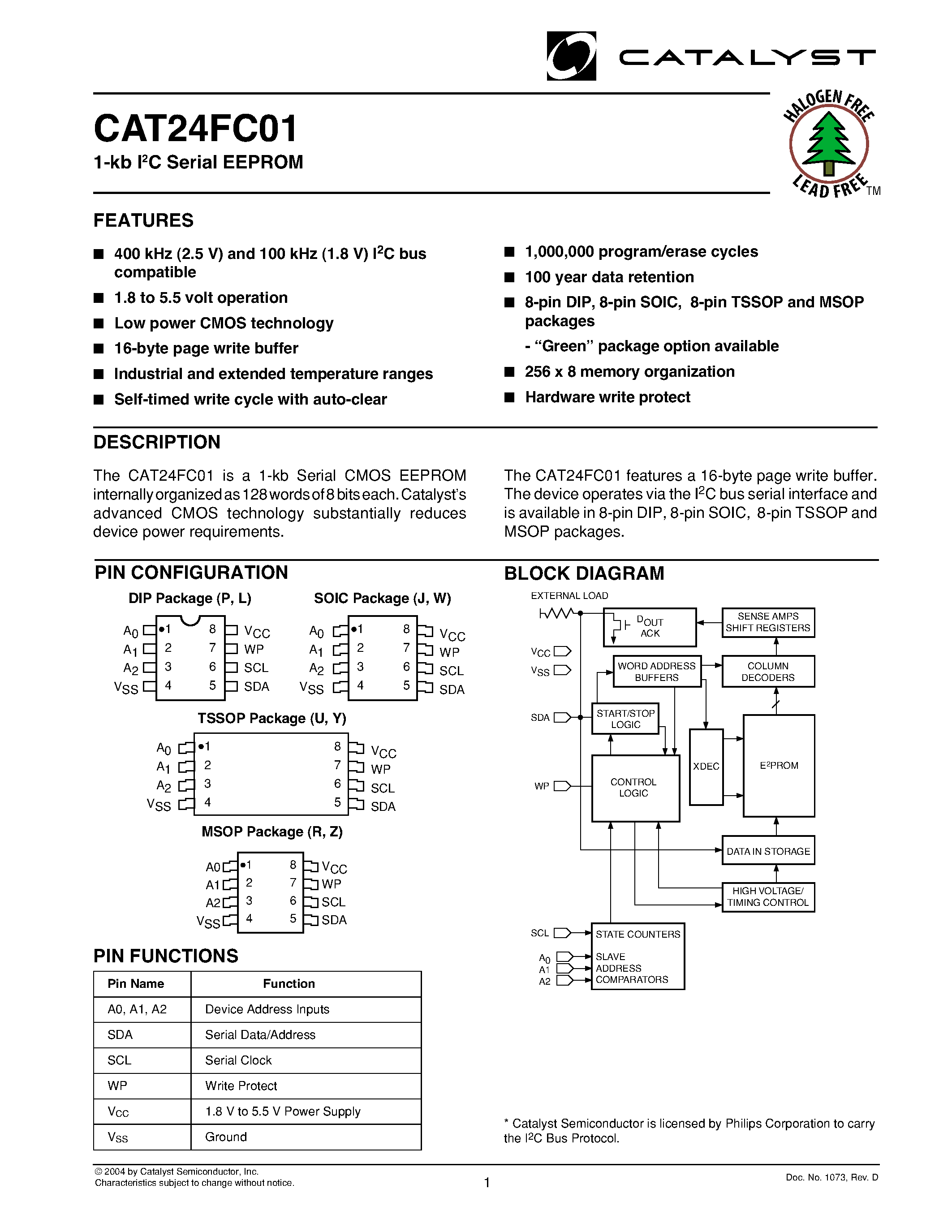 Даташит CAT24FC01LETE13REV-F - 1-kb I2C Serial EEPROM страница 1