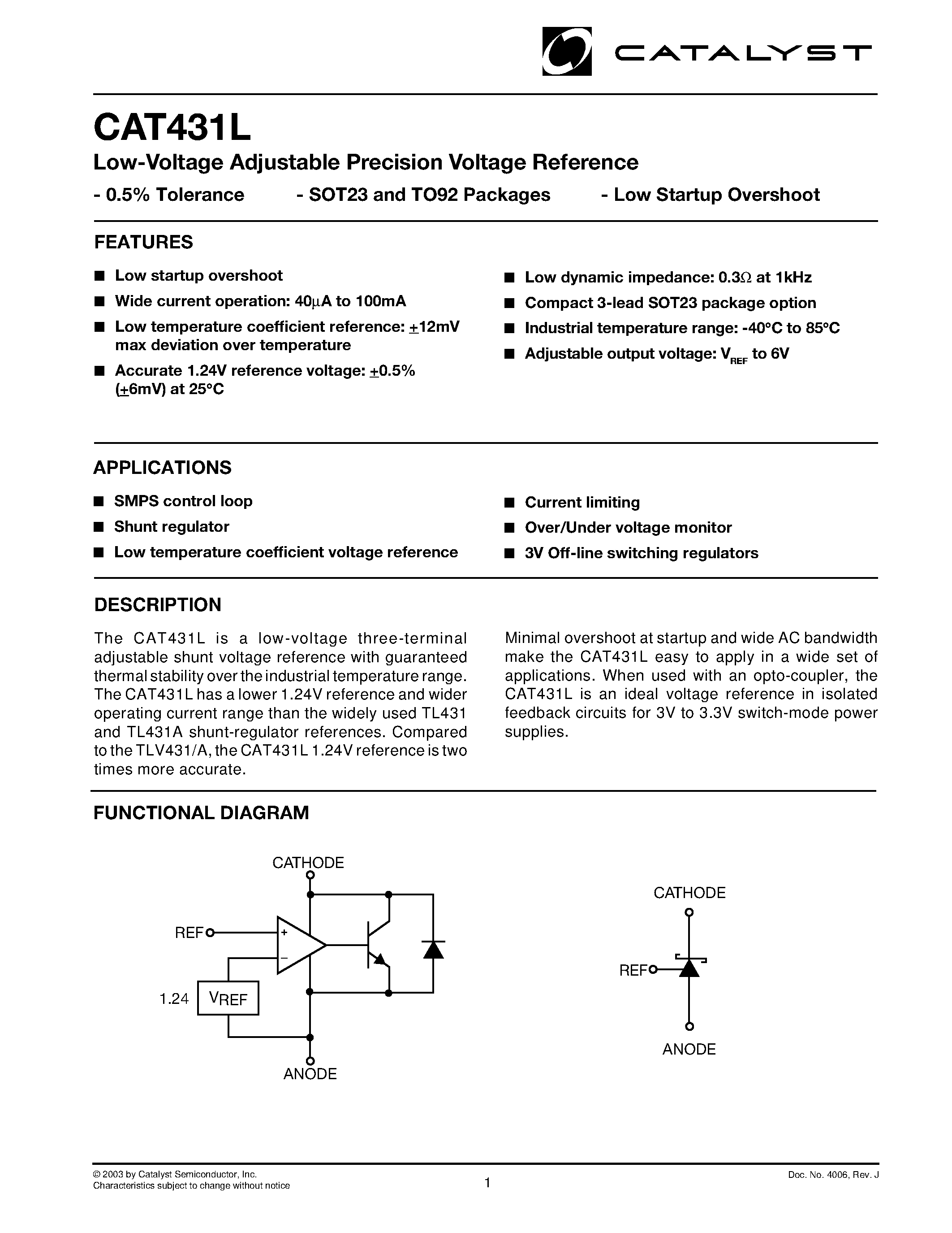 Даташит CAT431LEZR-TEAP - Low-Voltage Adjustable Precision Voltage Reference страница 1