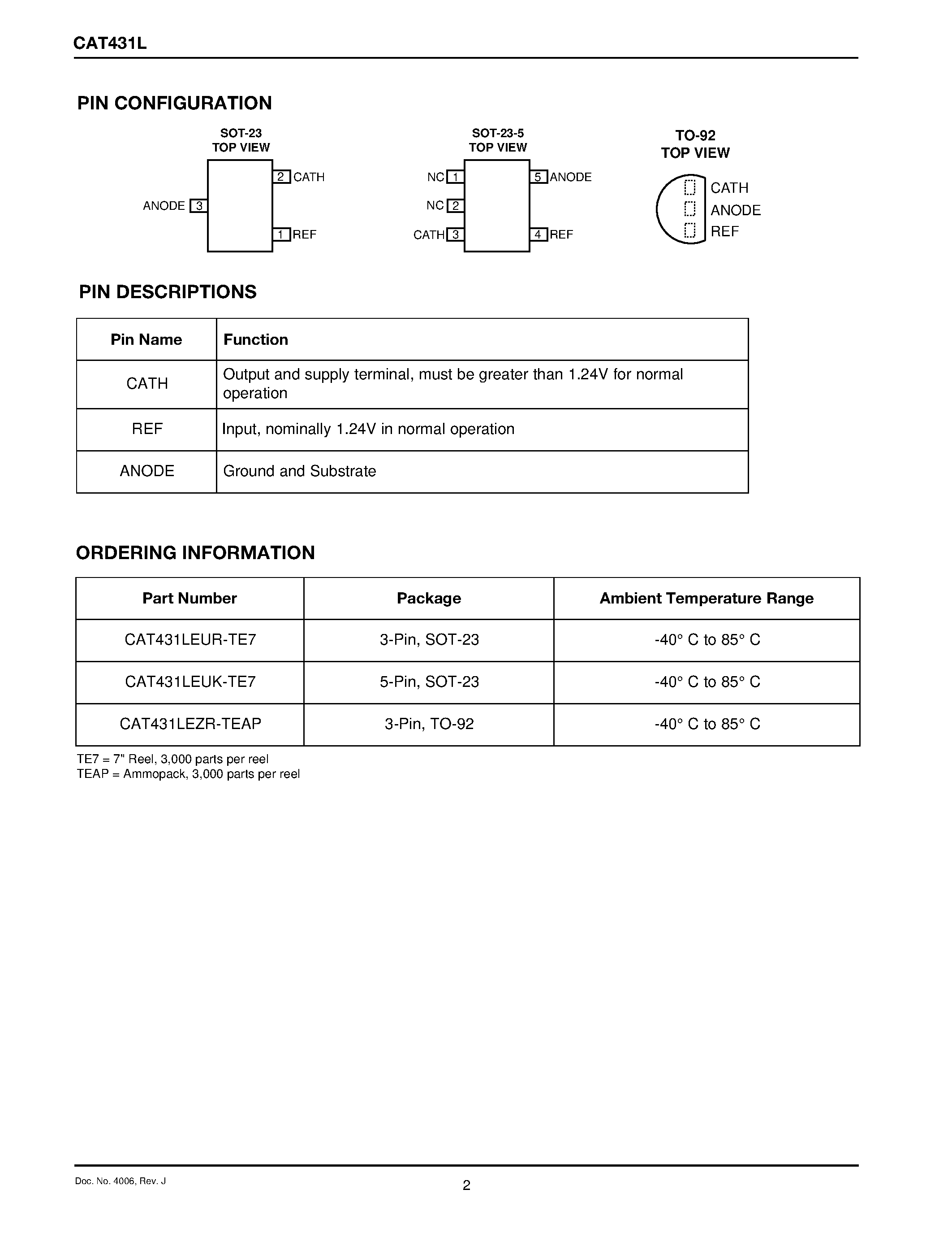Datasheet CAT431LEZR-TEAP - Low-Voltage Adjustable Precision Voltage Reference page 2