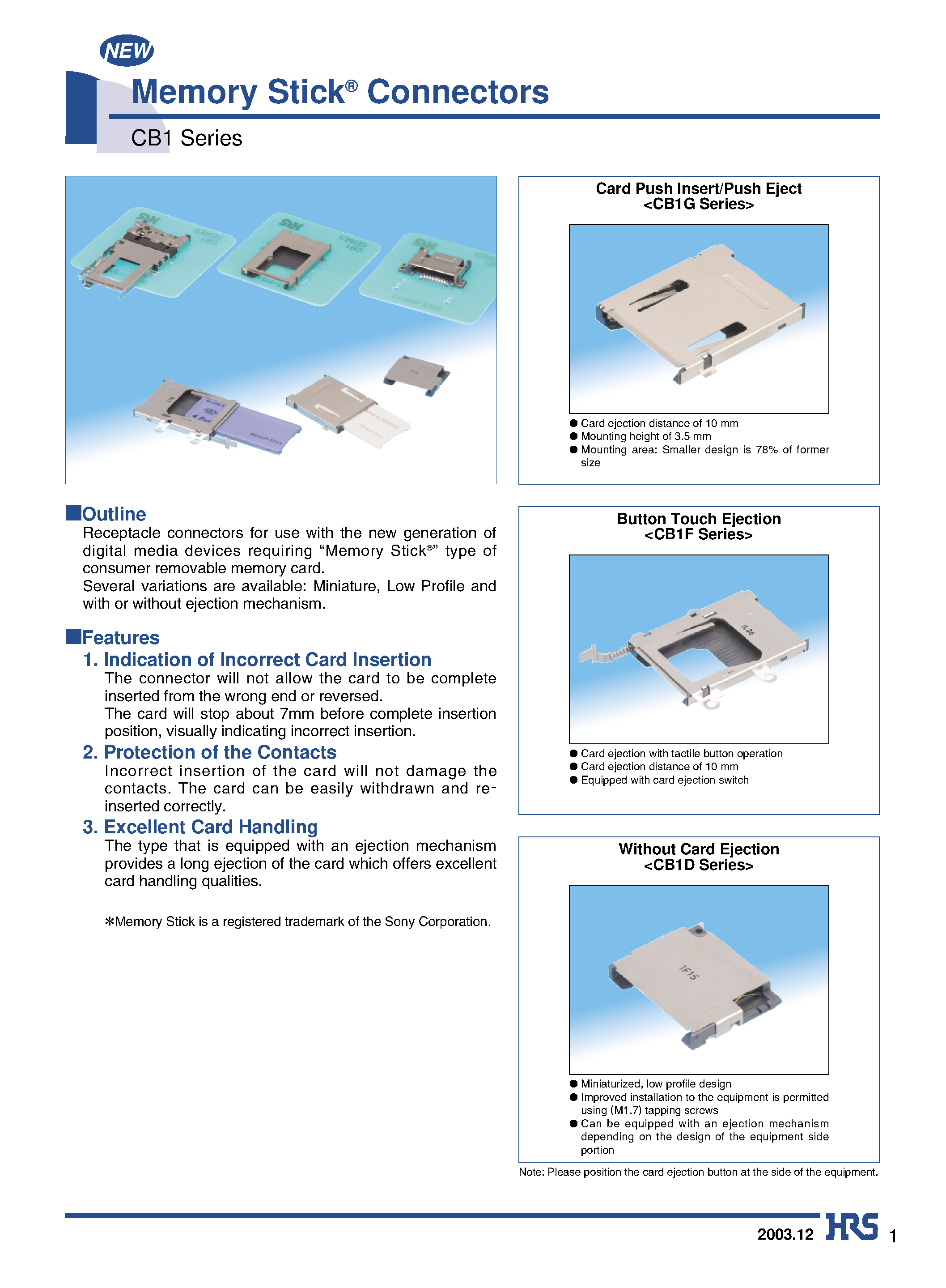 Datasheet CB1F-10S-1.5H-TEJL-PA - Memory Stick Connectors page 1