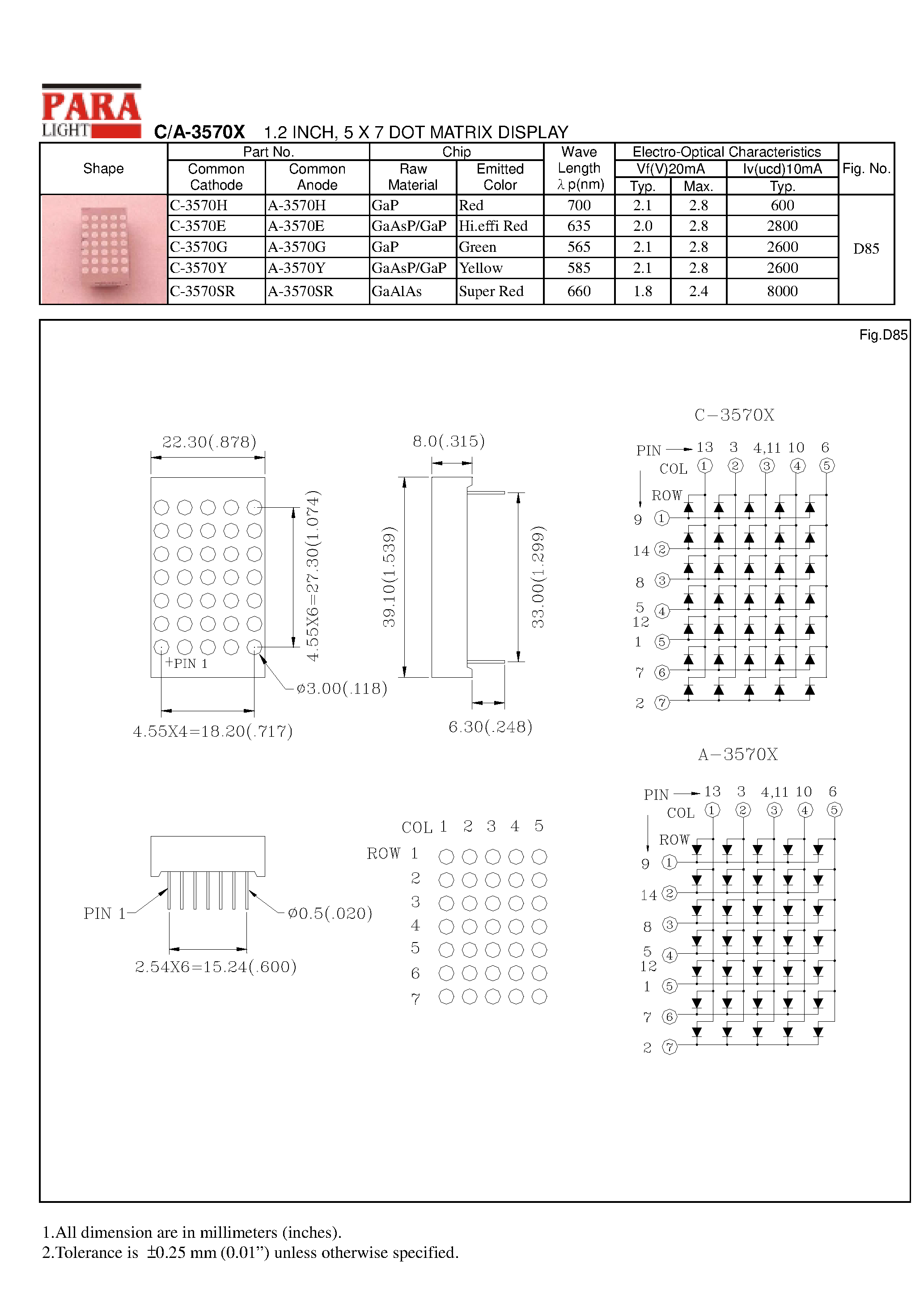 Datasheet C-3570X - 1.2 INCH/ 5 X 7 DOT MATRIX DISPLAY page 1