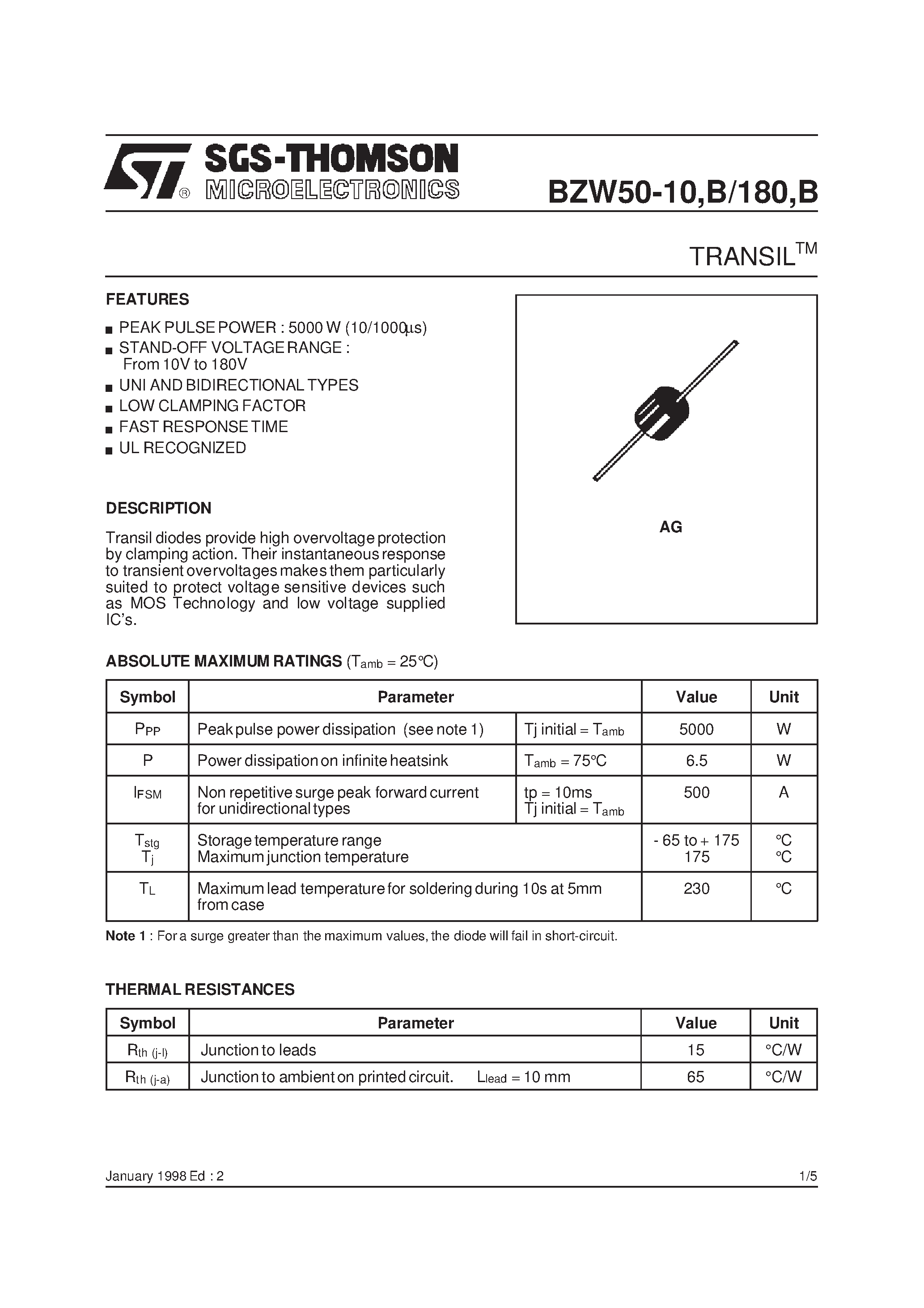 Datasheet BZW50-47 - TRANSILTM page 1
