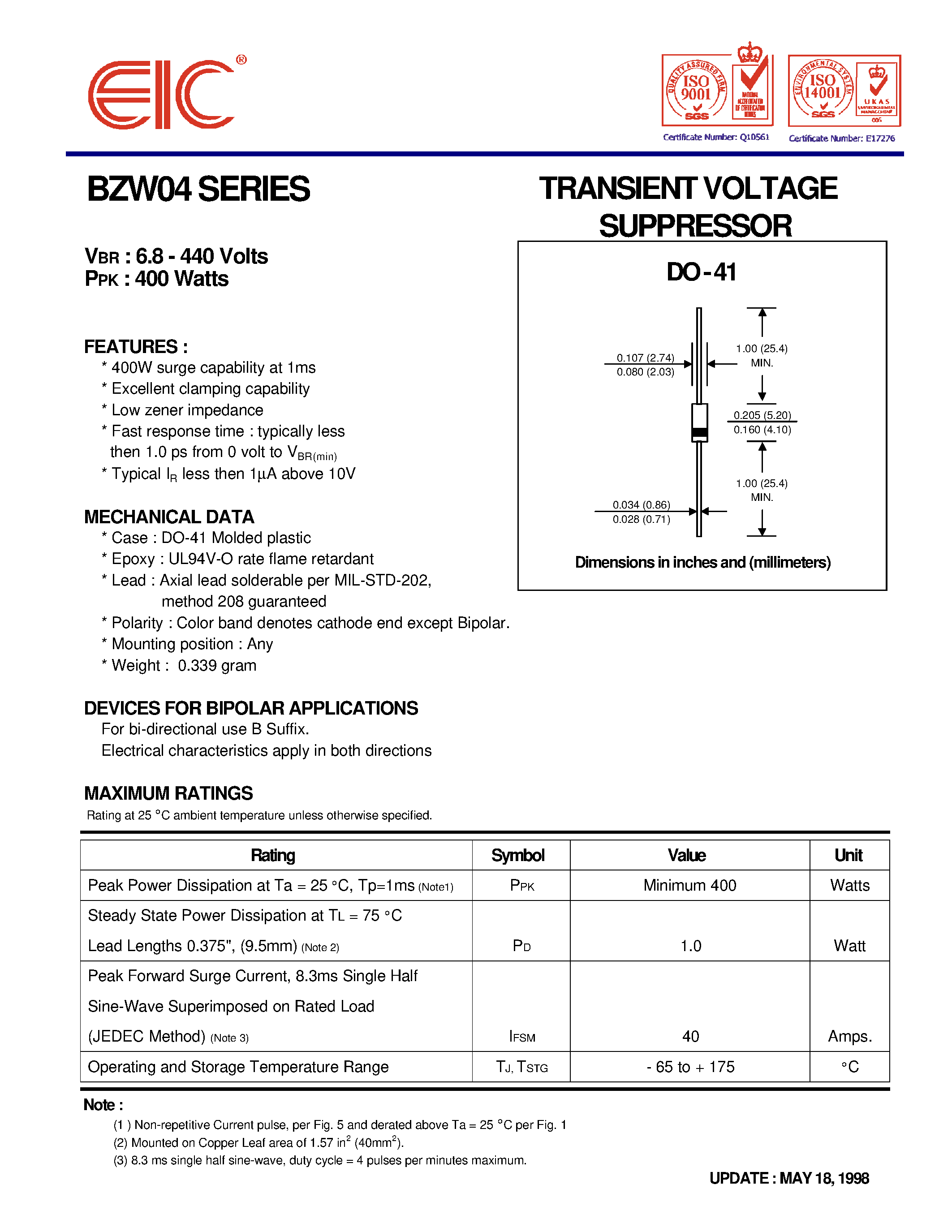 Datasheet BZW04-10 - TRANSIENT VOLTAGE SUPPRESSOR page 1