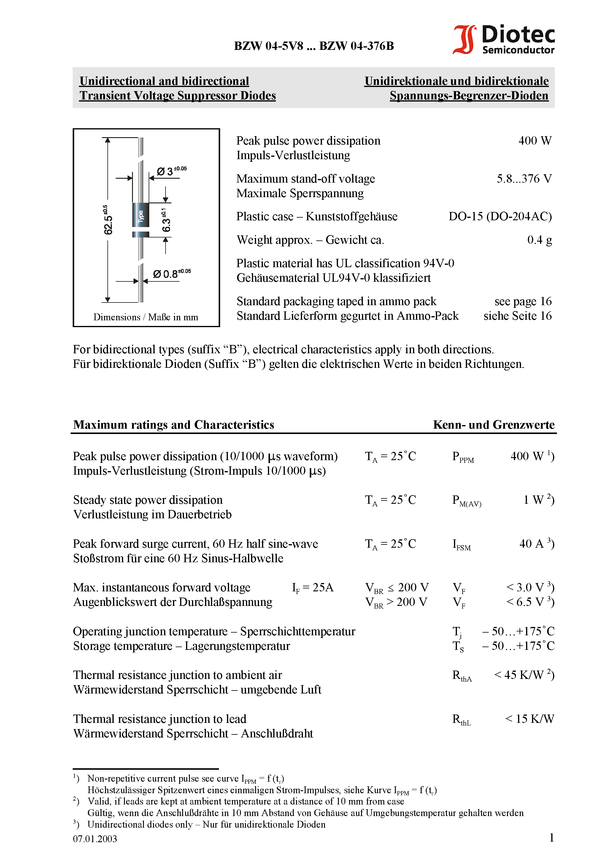 Даташит BZW04-11 - Unidirectional and bidirectional Transient Voltage Suppressor Diodes страница 1