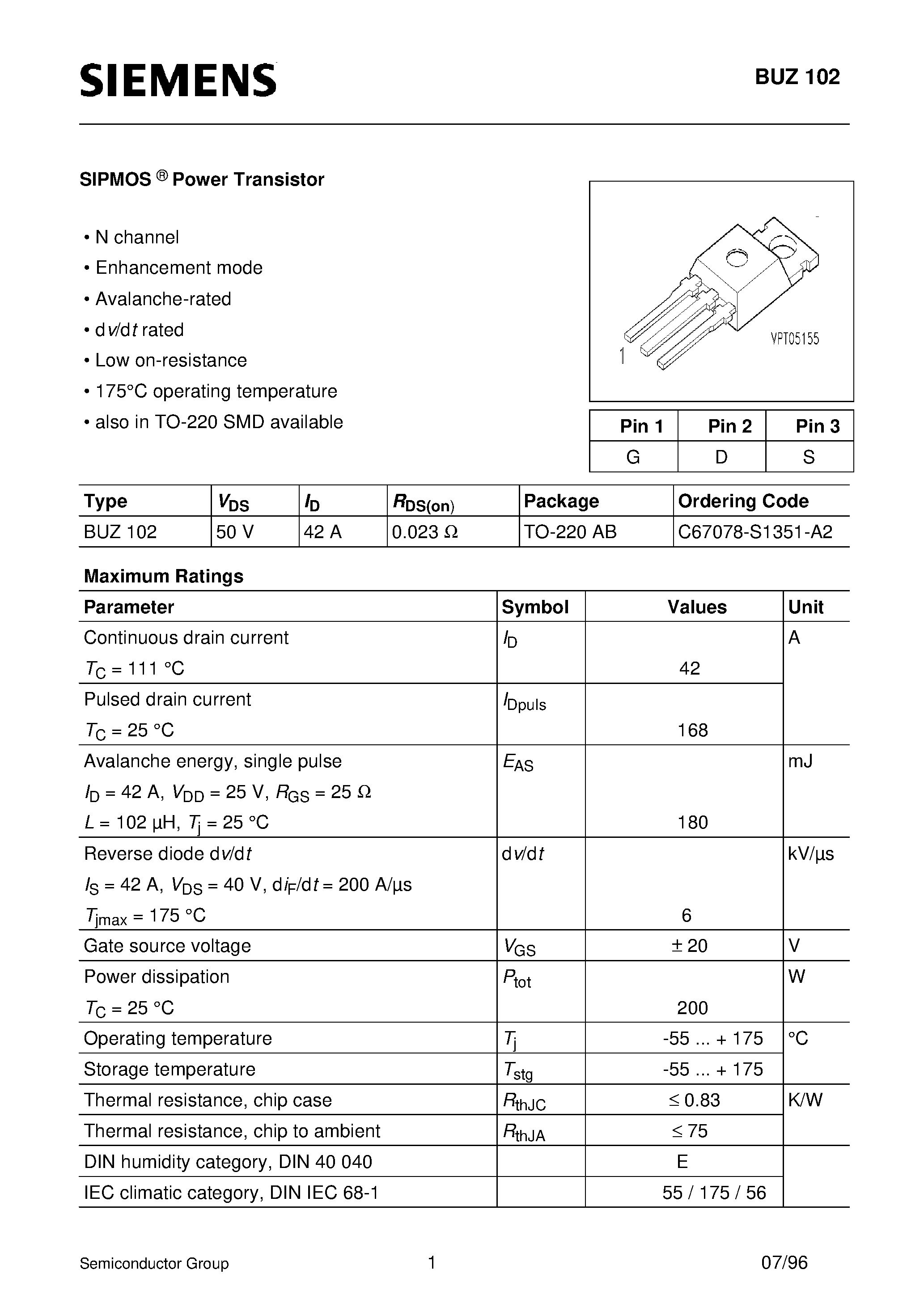 Datasheet BUZ102 - SIPMOS Power Transistor (N channel Enhancement mode Avalanche-rated d v/d t rated) page 1