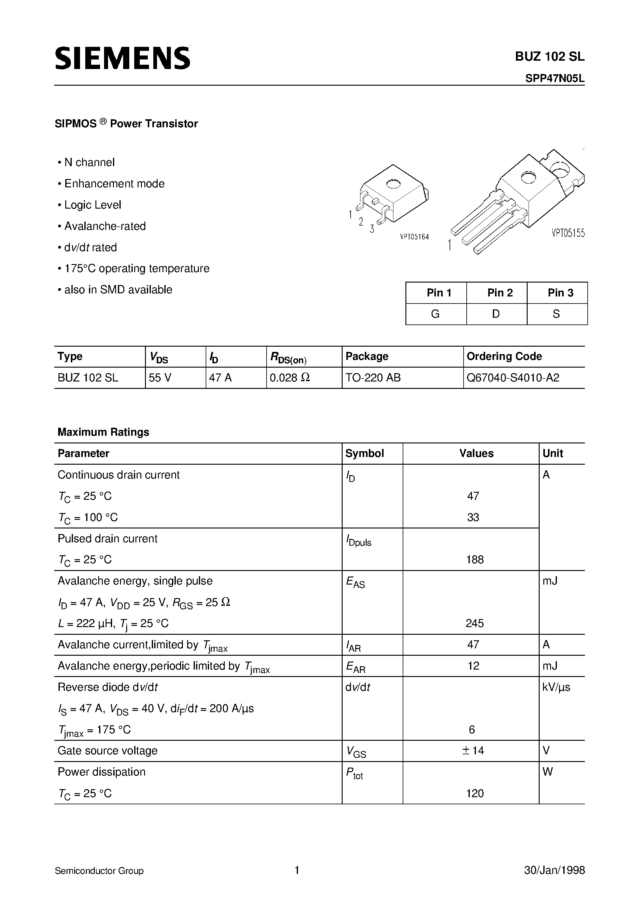 Datasheet BUZ102SL - SIPMOS Power Transistor (N channel Enhancement mode Logic Level Avalanche-rated dv/dt rated) page 1