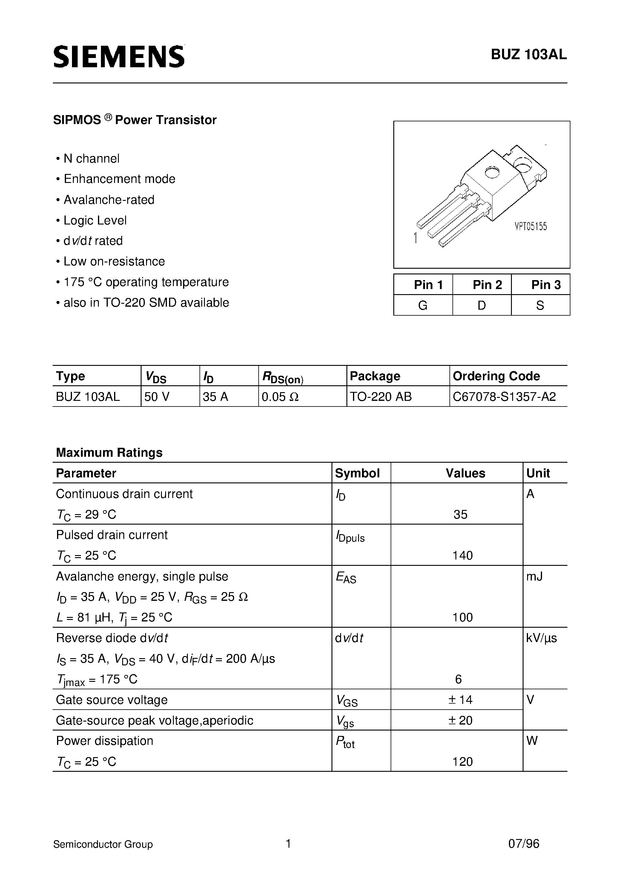 Datasheet BUZ103AL - SIPMOS Power Transistor (N channel Enhancement mode Avalanche-rated Logic Level d v/d t rated) page 1
