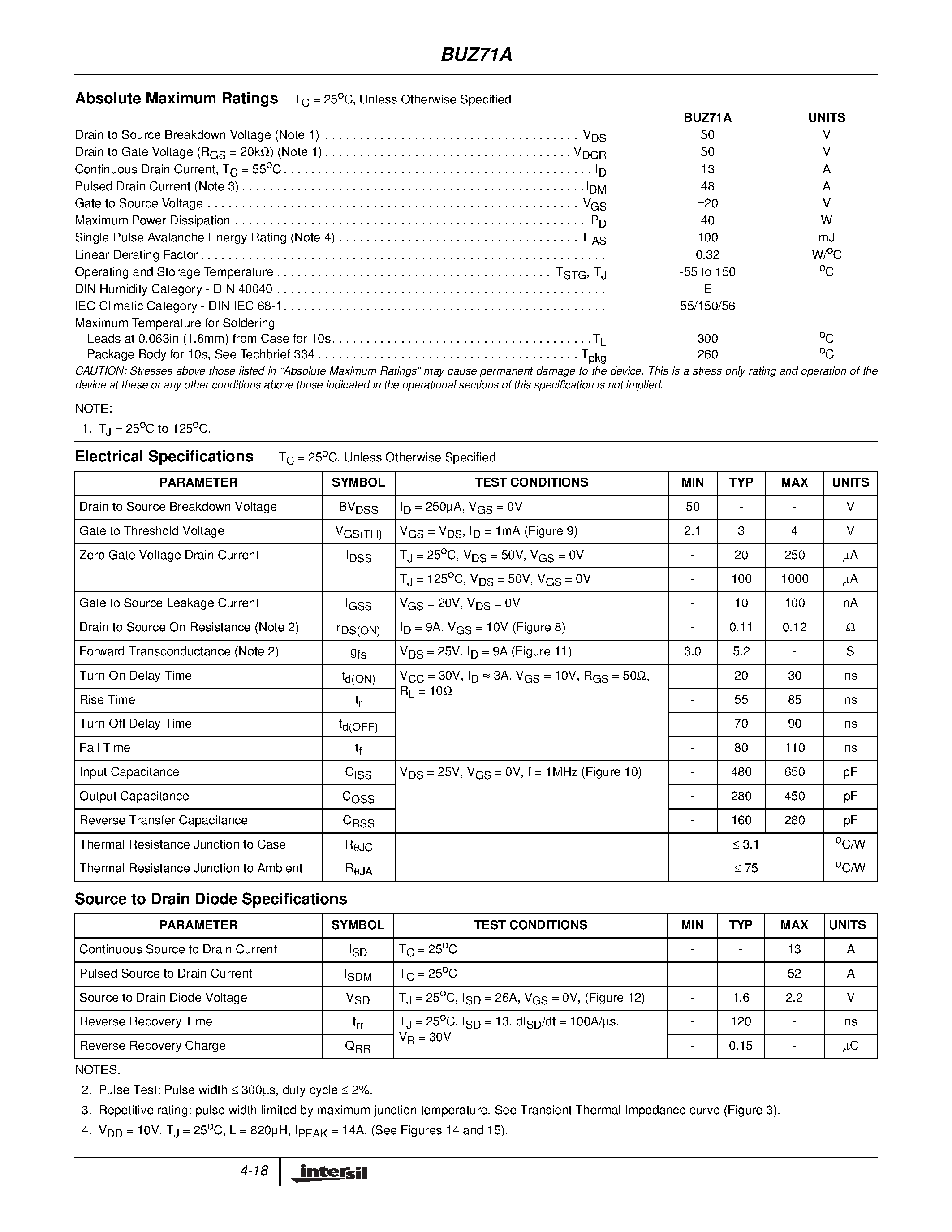 Datasheet BUZ71A - 13A/ 50V/ 0.120 Ohm/ N-Channel Power MOSFET page 2