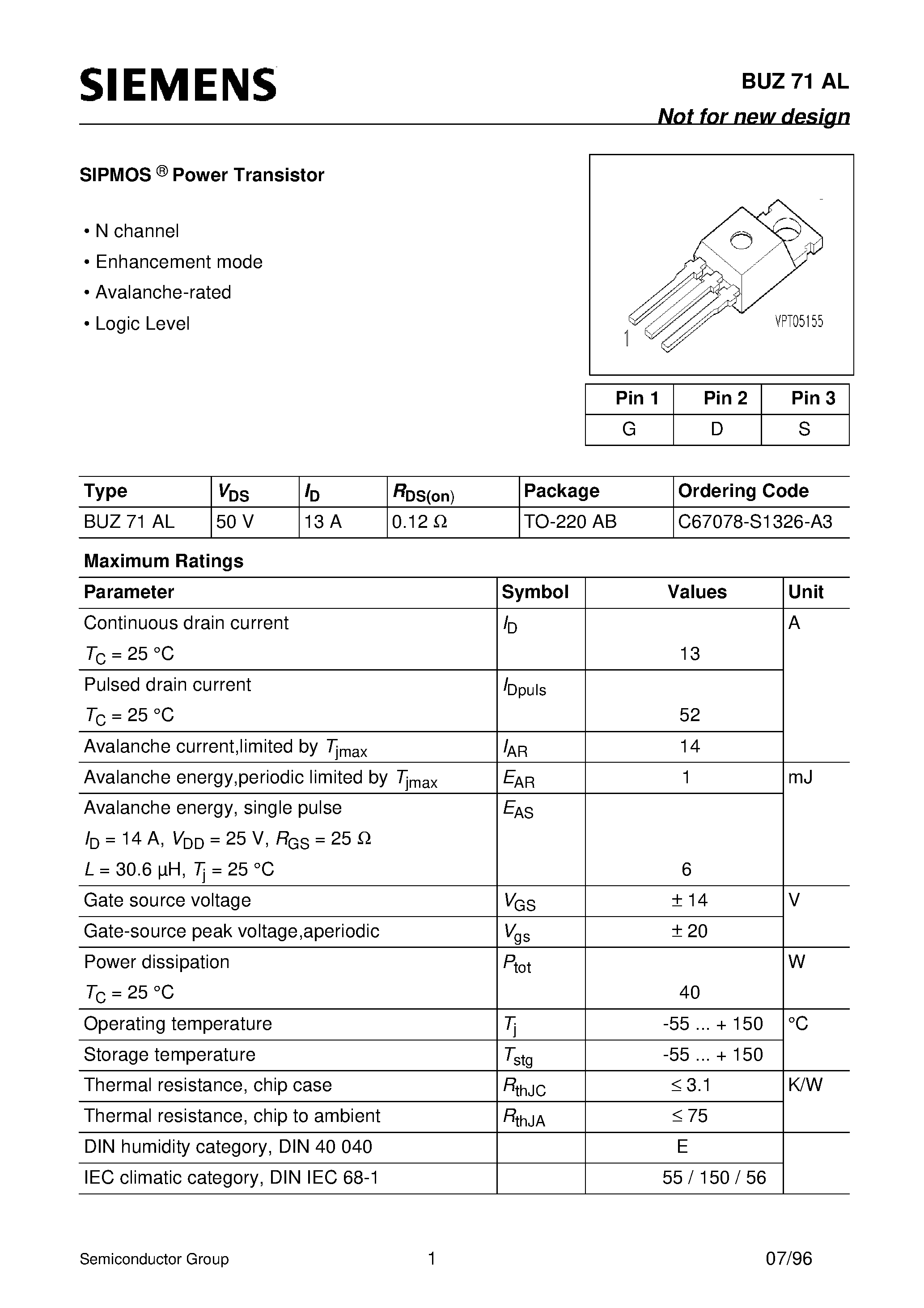 Datasheet BUZ71AL - SIPMOS Power Transistor (N channel Enhancement mode Avalanche-rated Logic Level) page 1