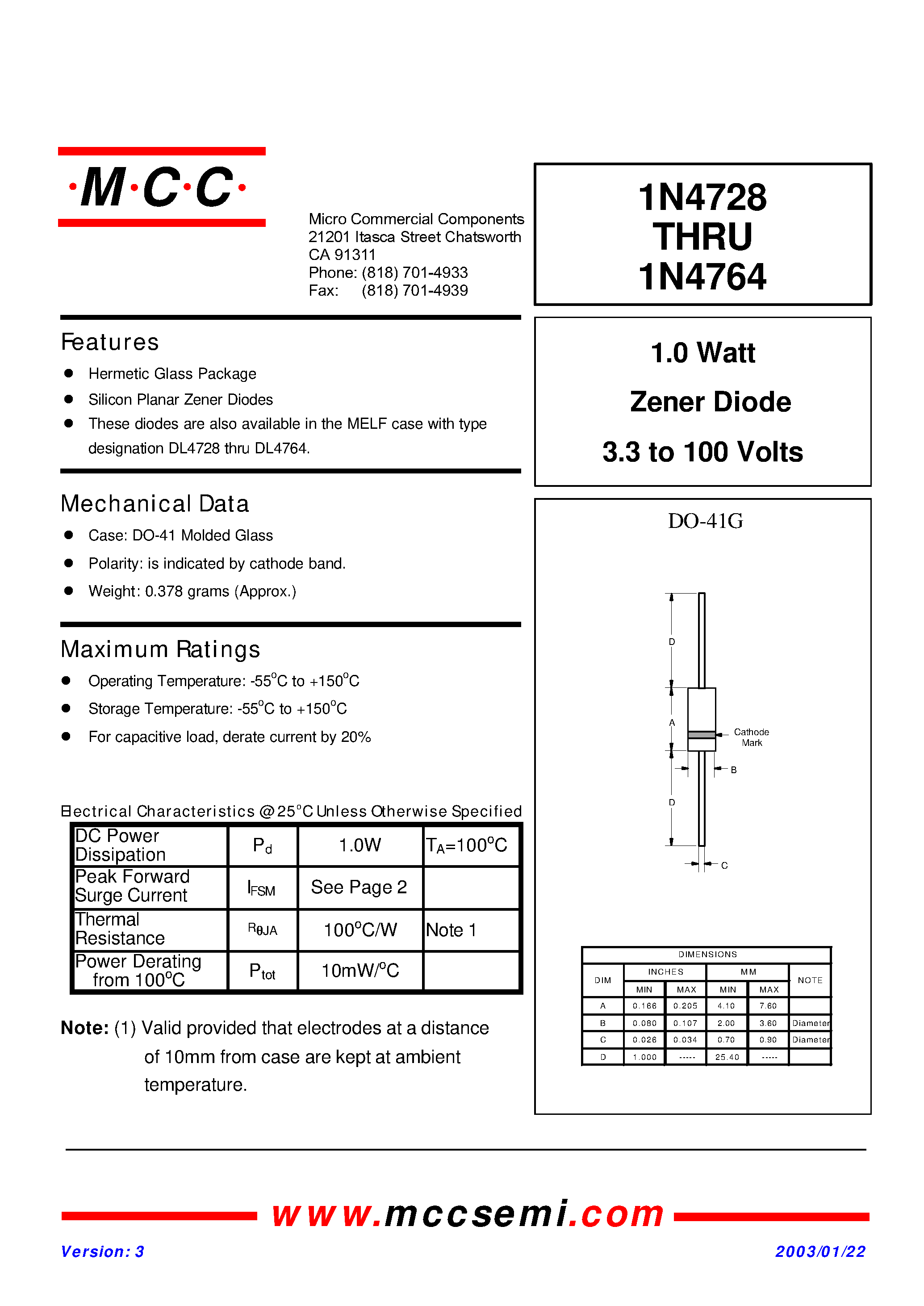 Datasheet 1N4756 - 1.0 Watt Zener Diode 3.3 to 100 Volts page 1