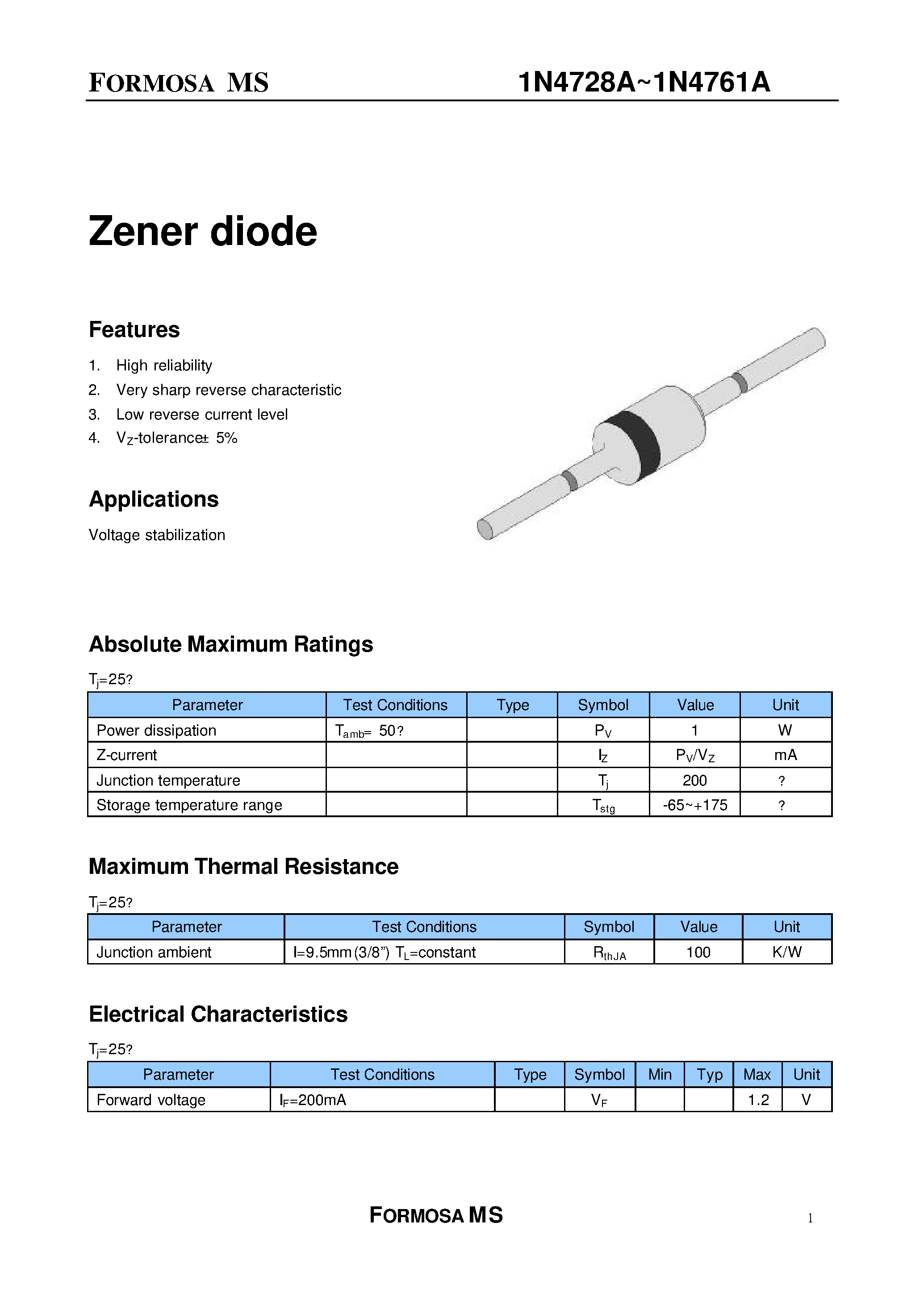 Datasheet 1N4756A - Zener diode page 1