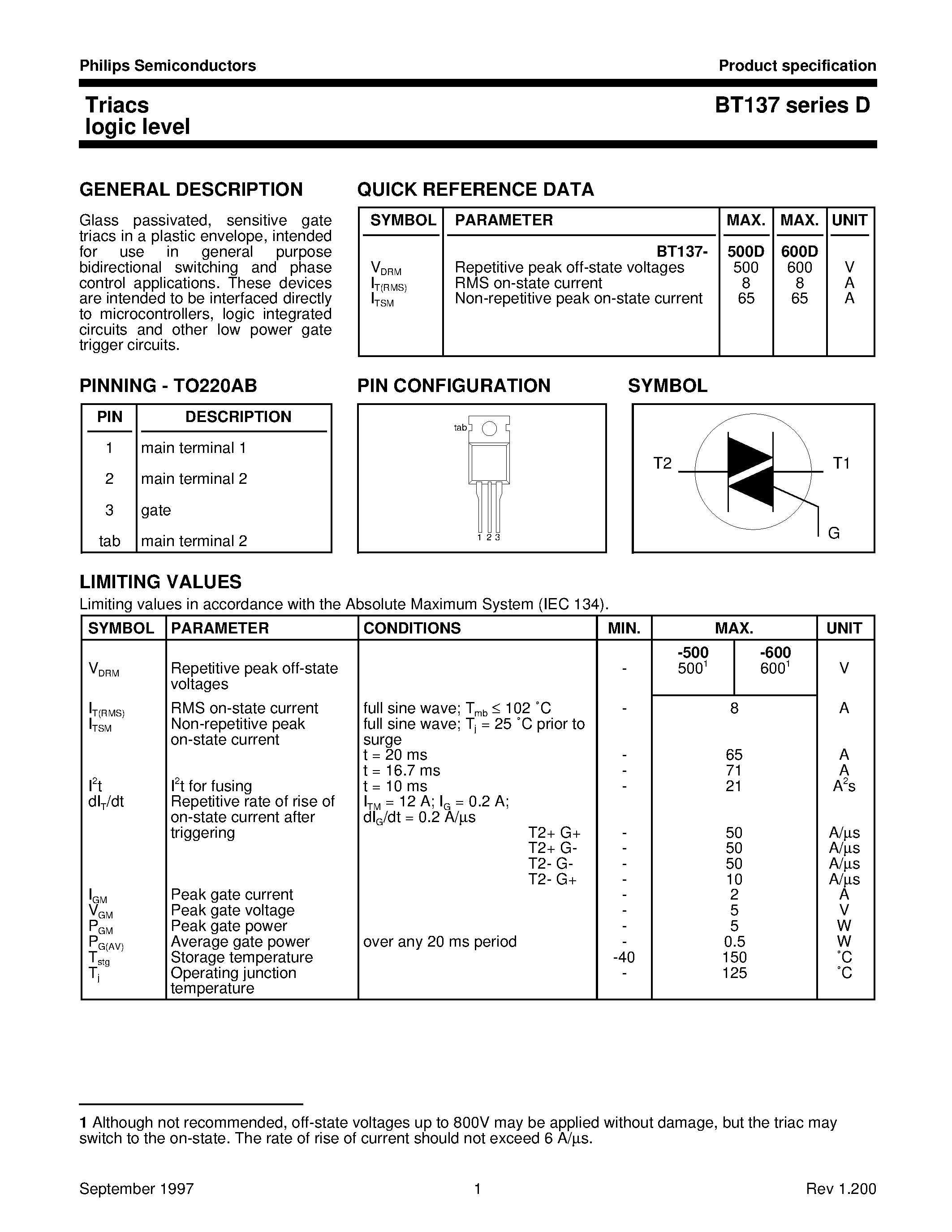 Datasheet BT137-600D - Triacs logic level page 1