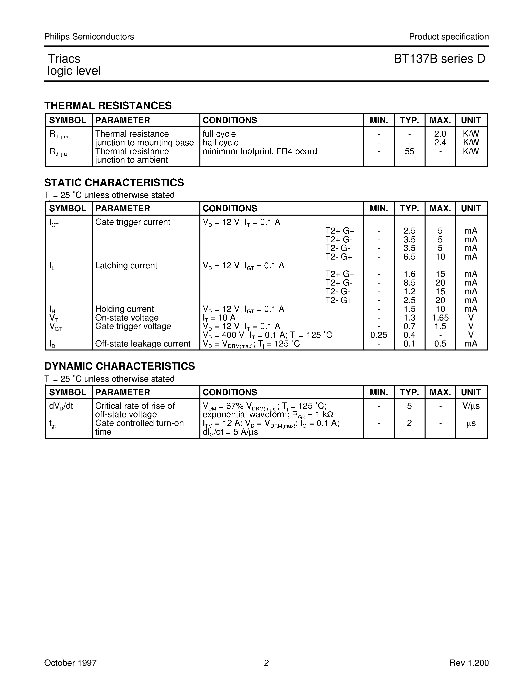 Datasheet BT137B-600D - Triacs logic level page 2