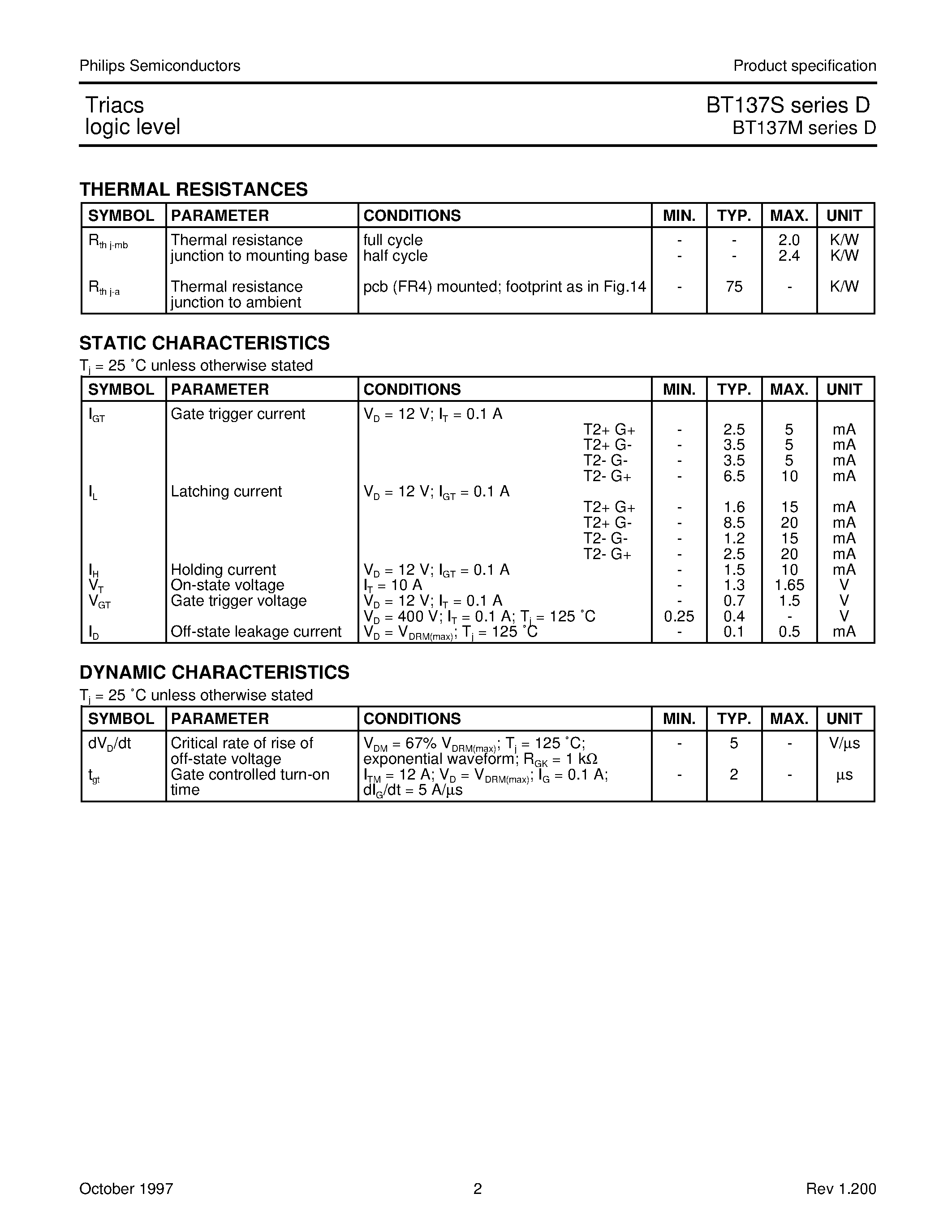 Datasheet BT137S-600D - Triacs logic level page 2