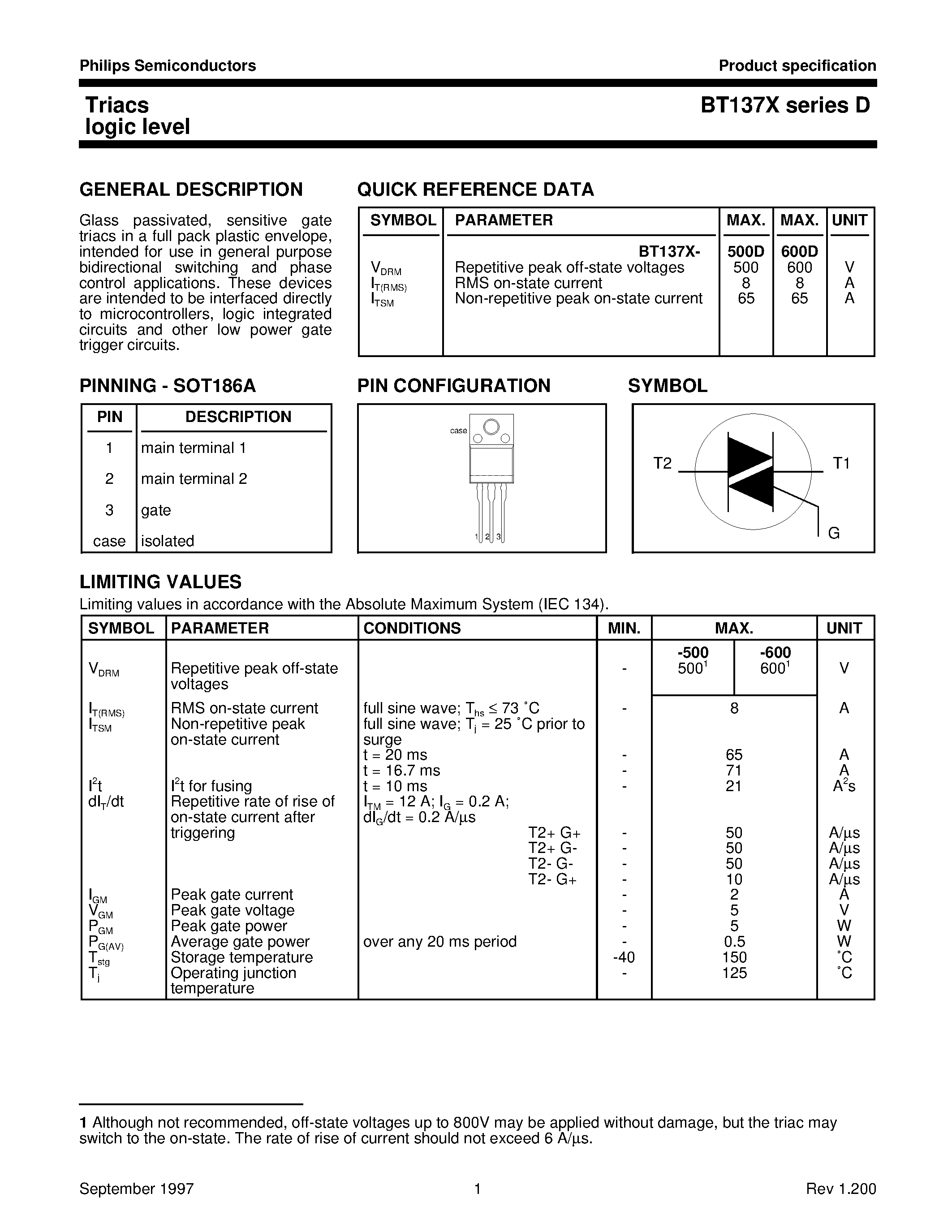 Datasheet BT137X-600D - Triacs logic level page 1
