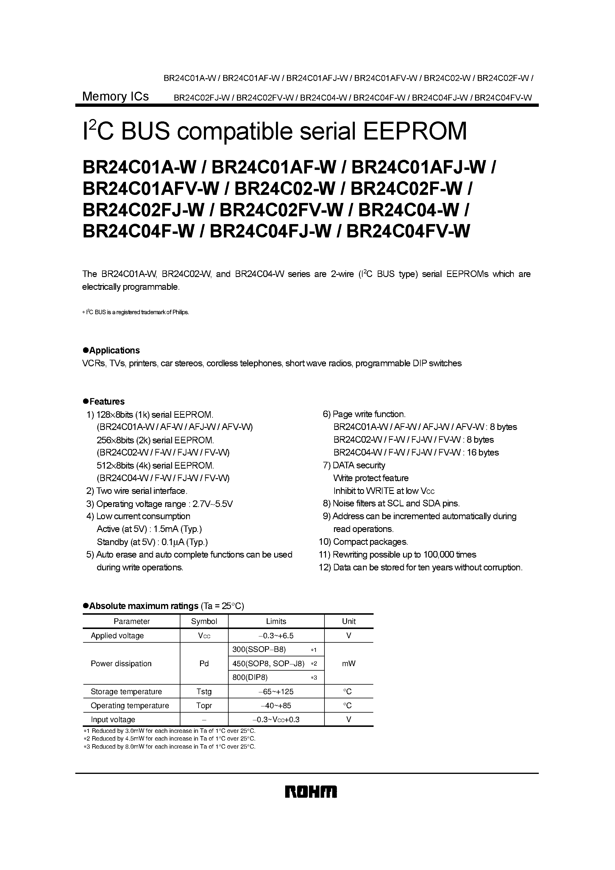 Даташит BR24C02FJ-W - I2C BUS compatible serial EEPROM страница 1