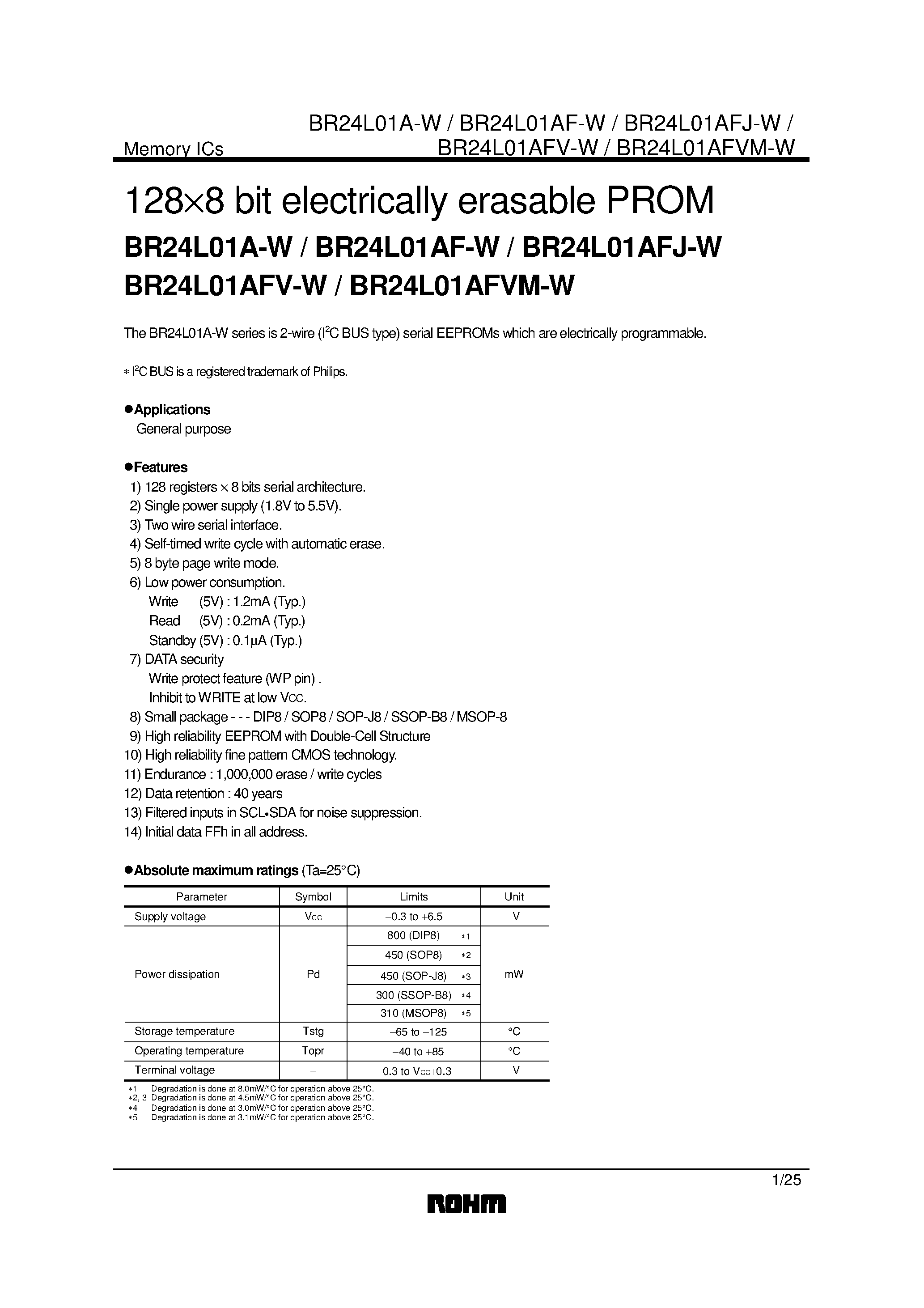 Даташит BR24L01A-W - 1288 bit electrically erasable PROM страница 1