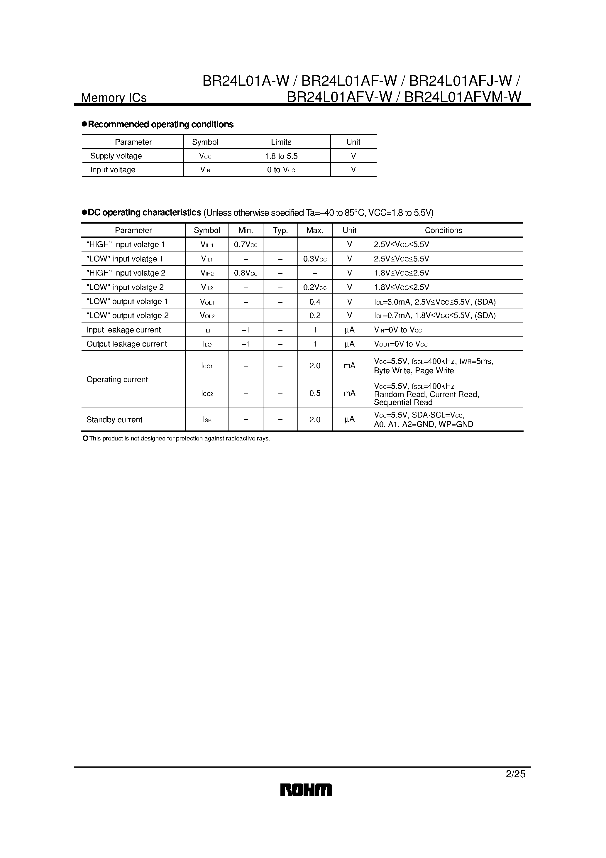 Datasheet BR24L01A-W - 1288 bit electrically erasable PROM page 2