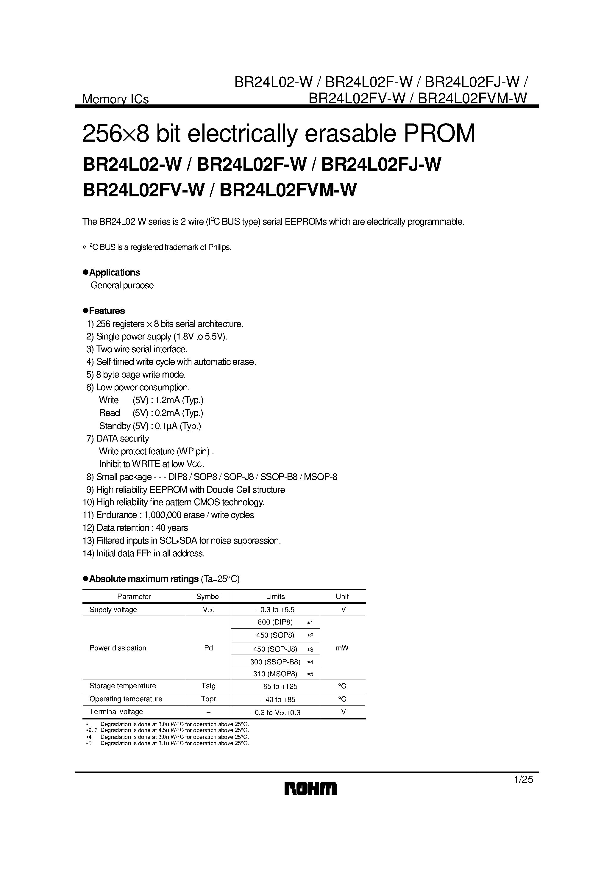 Даташит BR24L02FJ-W - 256x8 bit electrically erasable PROM страница 1