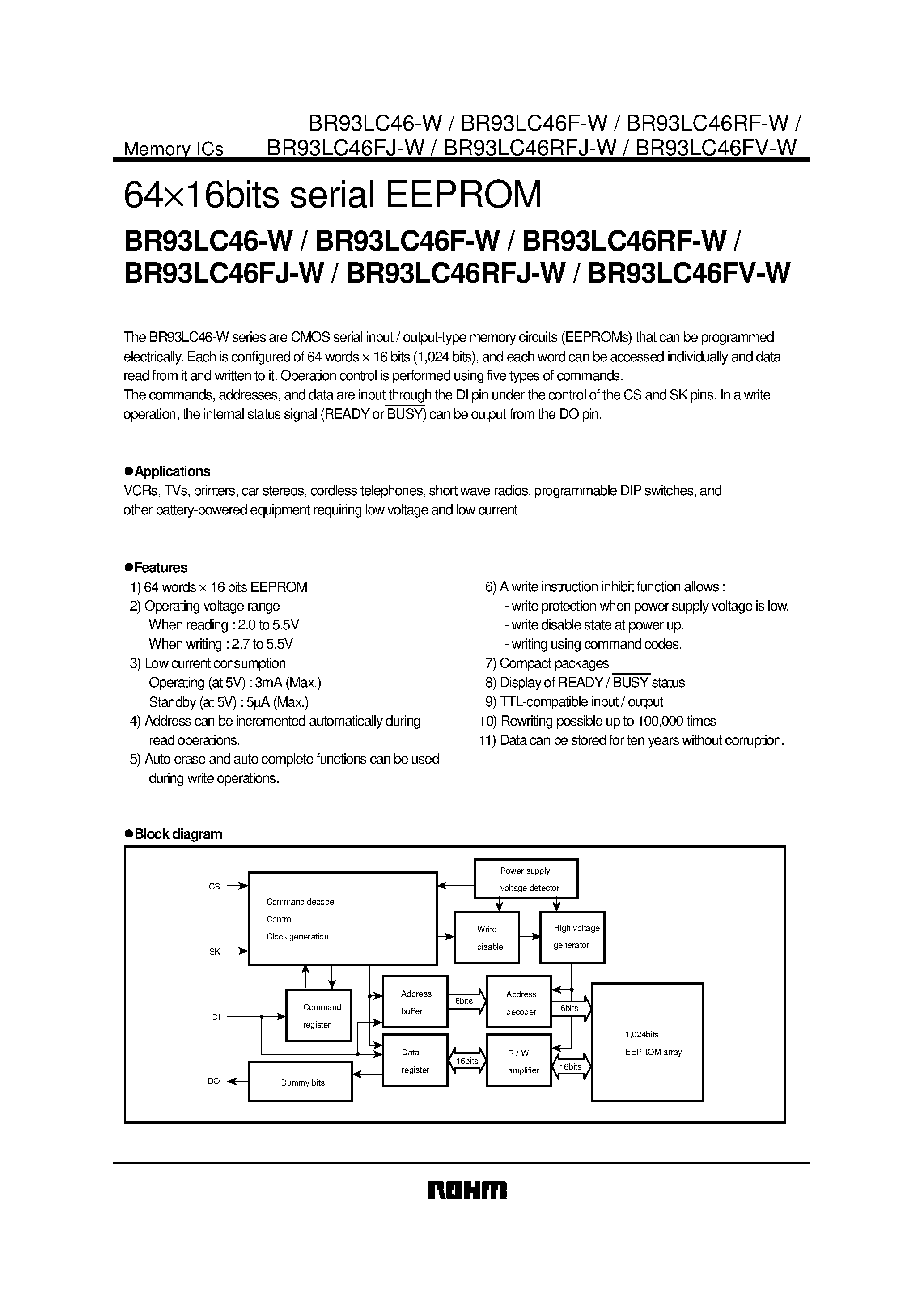 Datasheet BR93LC46FJ-W - 6416bits serial EEPROM page 1