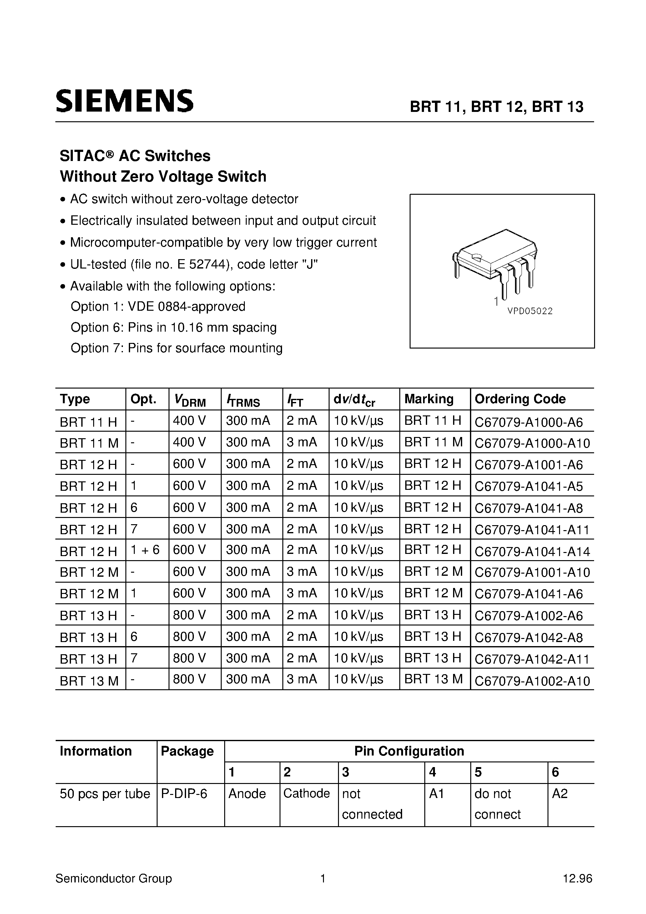 Даташит BRT11H - SITACO AC Switches Without Zero Voltage Switch страница 1