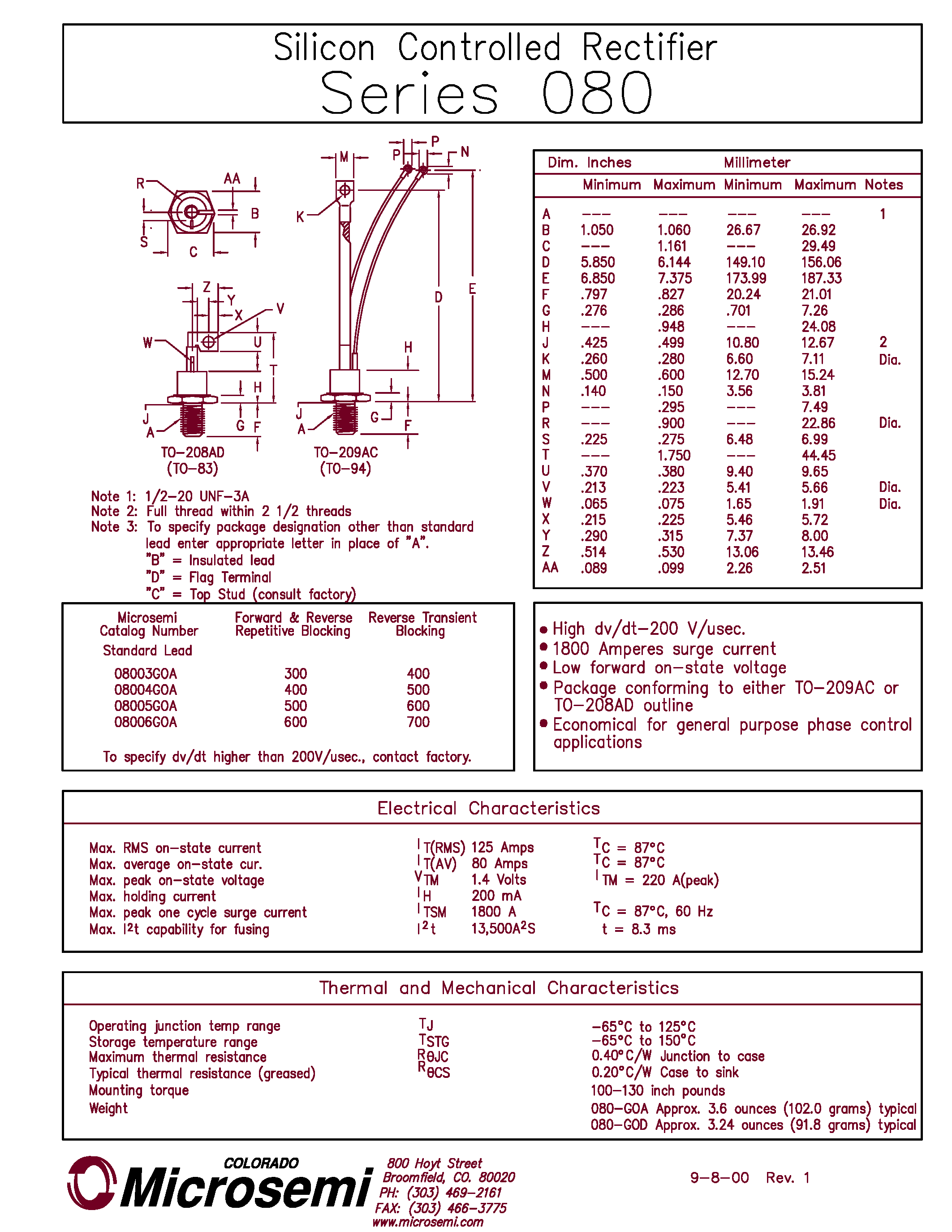Datasheet 08005GOB - Silicon Controlled Rectifier page 1