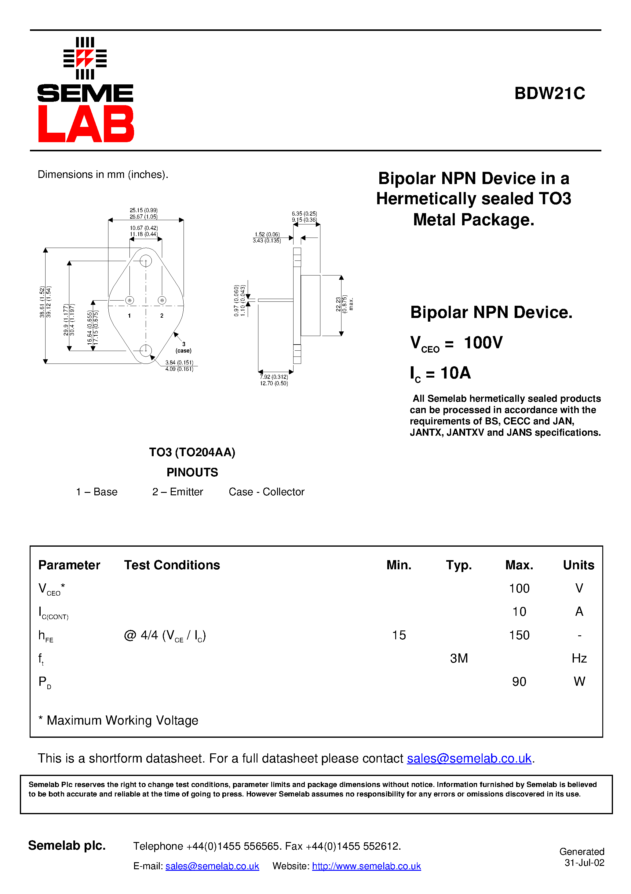 Datasheet BDW21C - Bipolar NPN Device in a Hermetically sealed TO3 Metal Package page 1