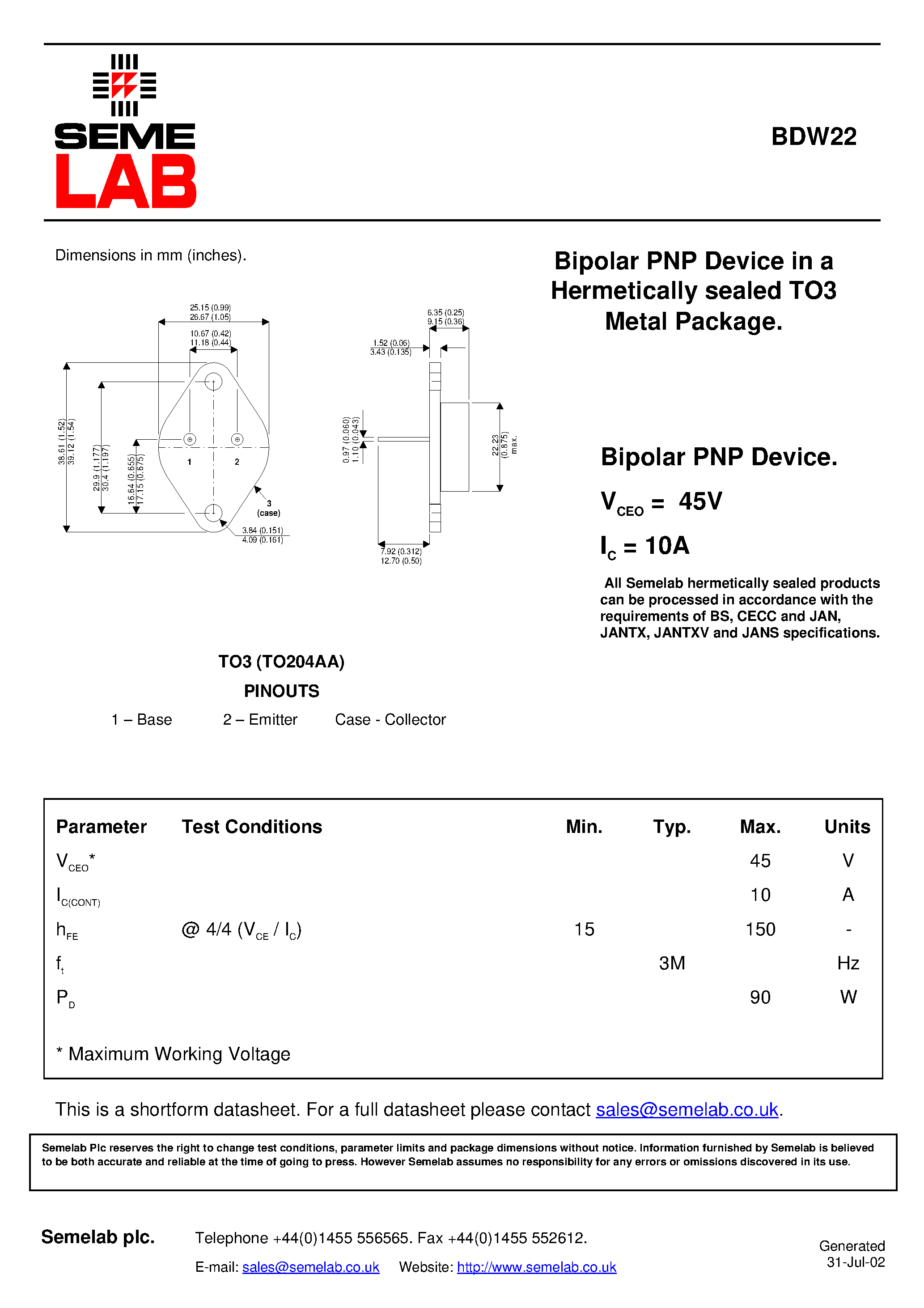 Datasheet BDW22 - Bipolar PNP Device in a Hermetically sealed TO3 Metal Package page 1
