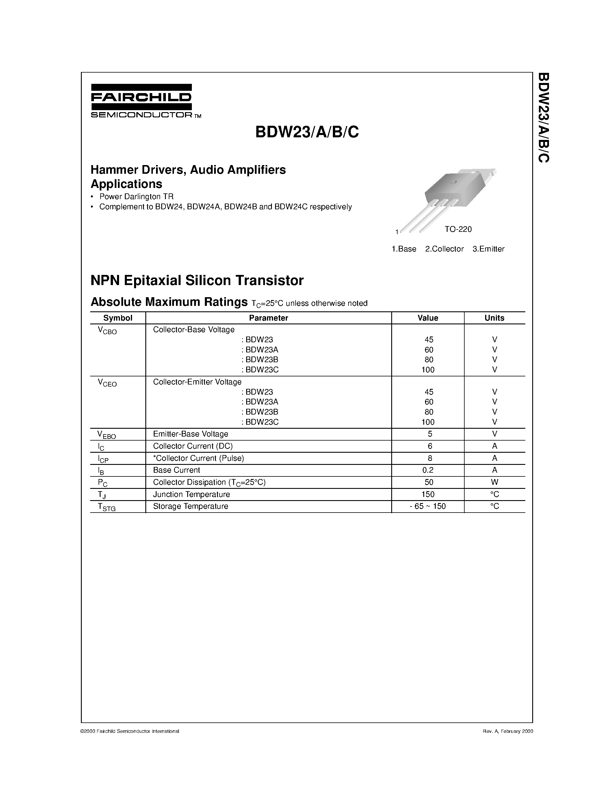 Даташит BDW23A - Hammer Drivers/ Audio Amplifiers Applications страница 1