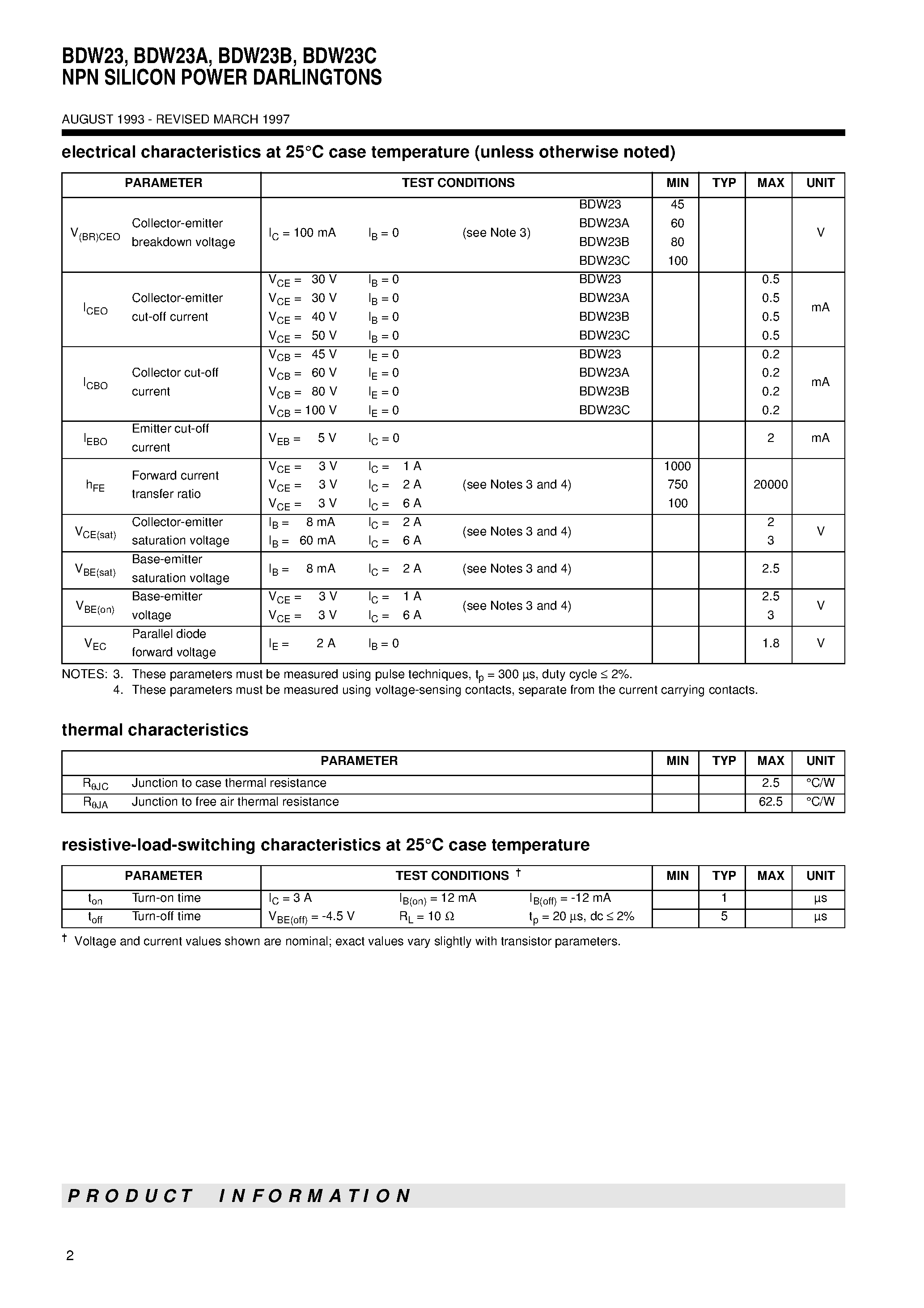 Datasheet BDW23A - NPN SILICON POWER DARLINGTONS page 2