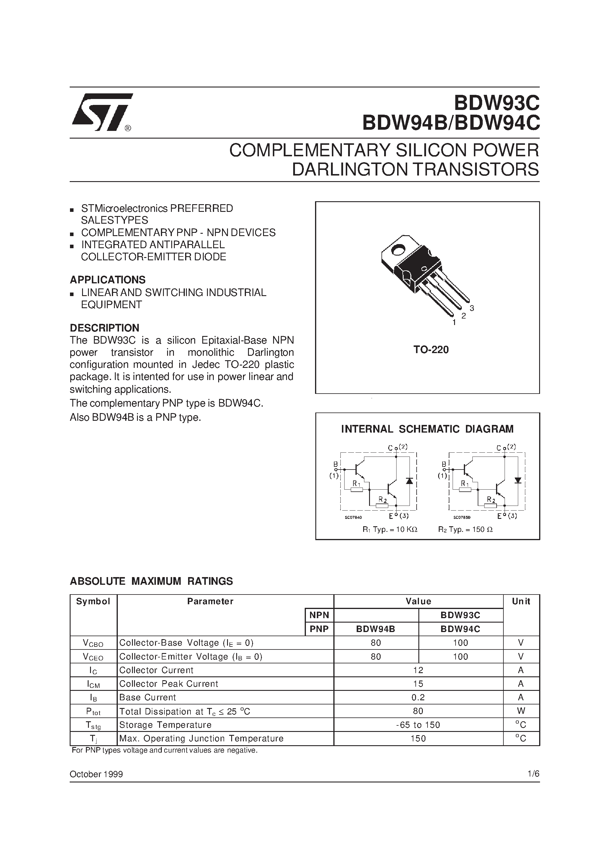 Datasheet BDW93C - COMPLEMENTARY SILICON POWER DARLINGTON TRANSISTORS page 1
