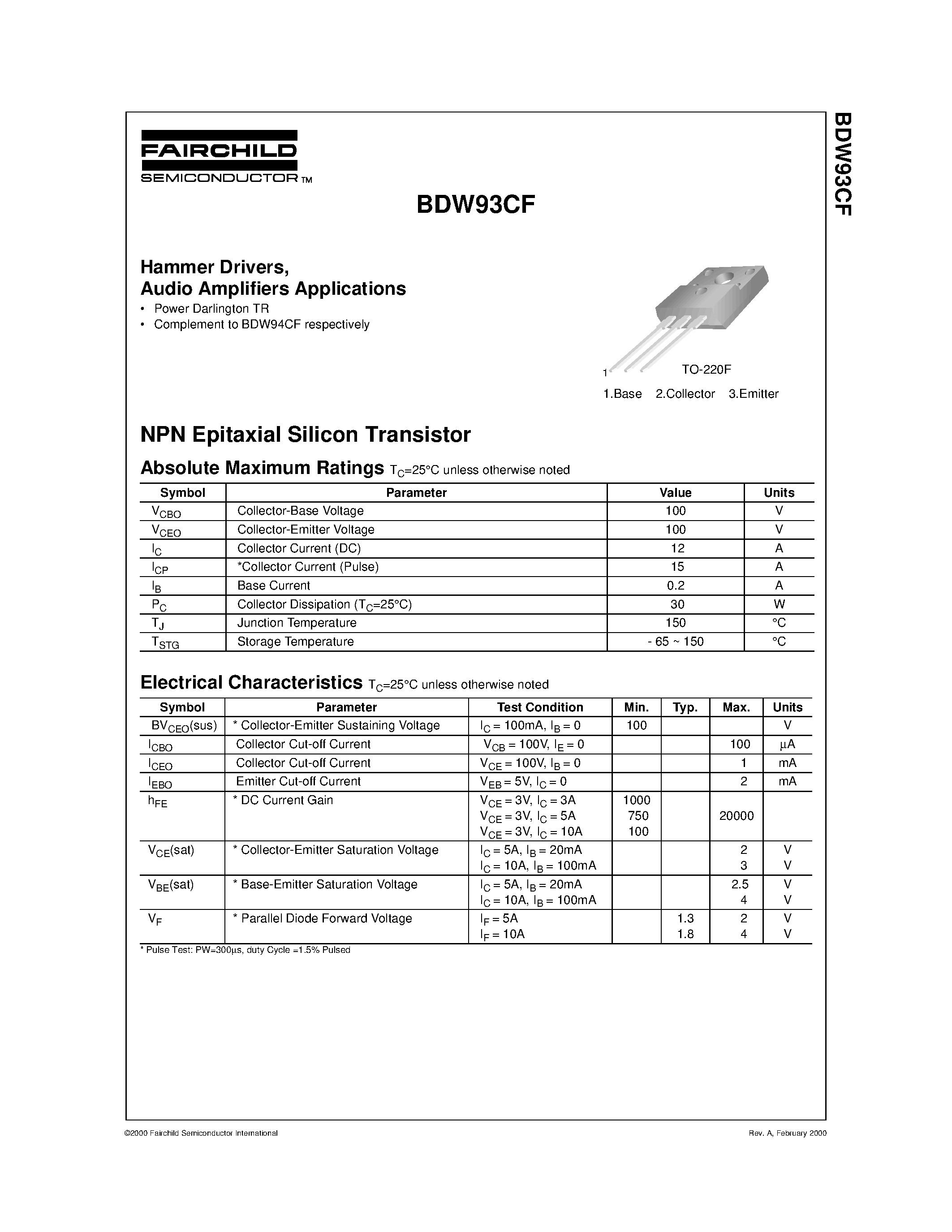 Datasheet BDW93CF - Hammer Drivers/ Audio Amplifiers Applications page 1