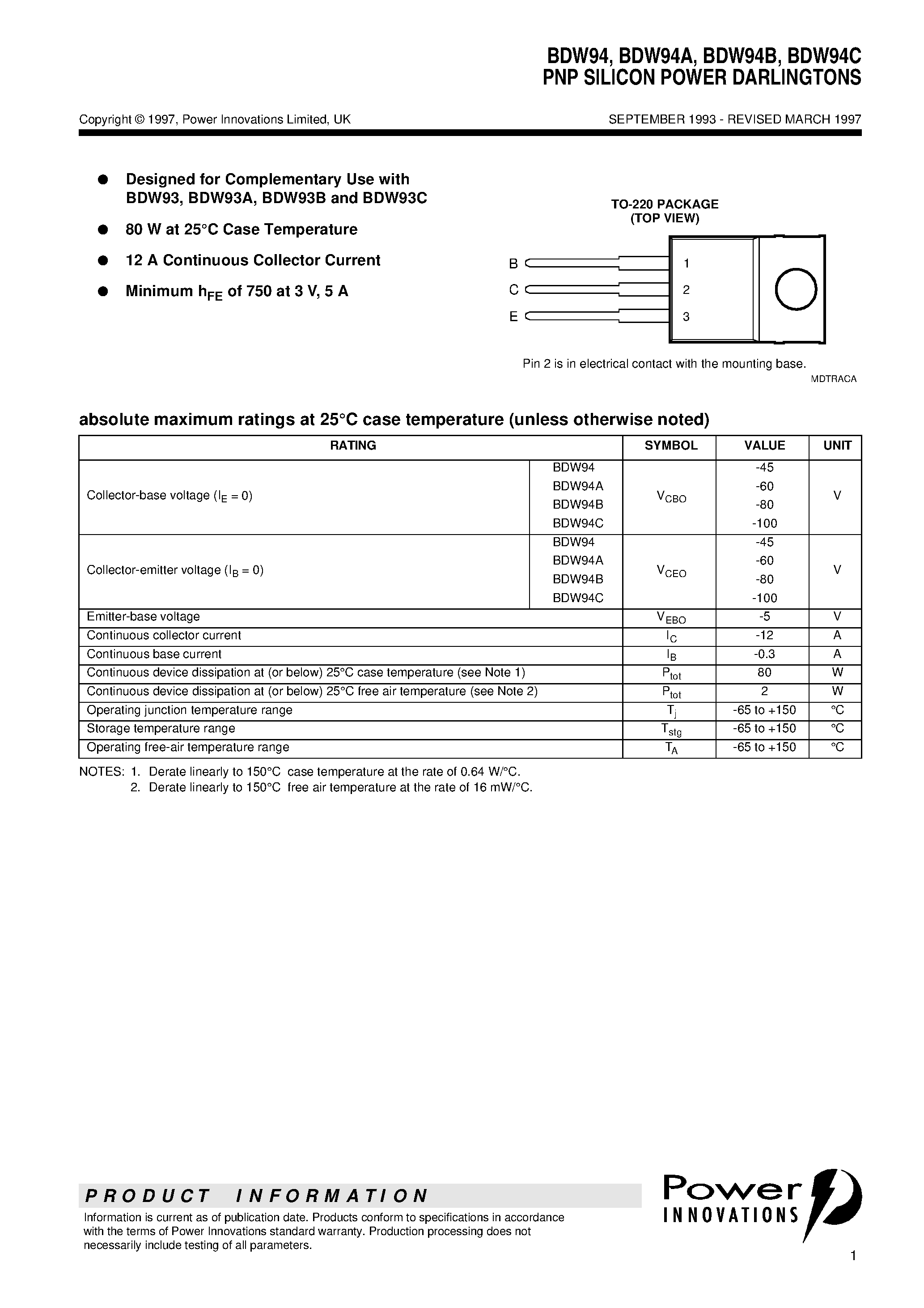 Datasheet BDW94 - PNP SILICON POWER DARLINGTONS page 1