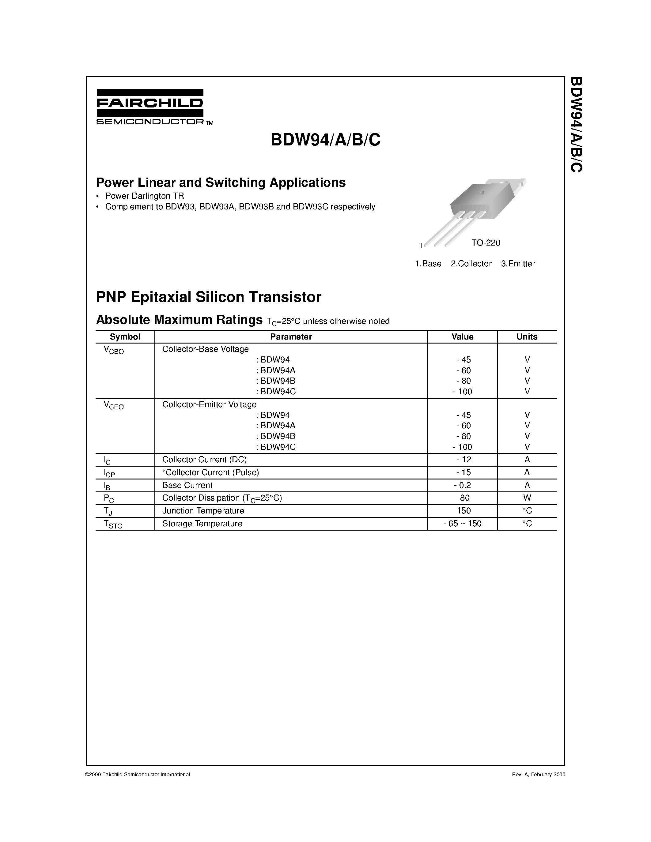 Datasheet BDW94 - Power Linear and Switching Applications page 1