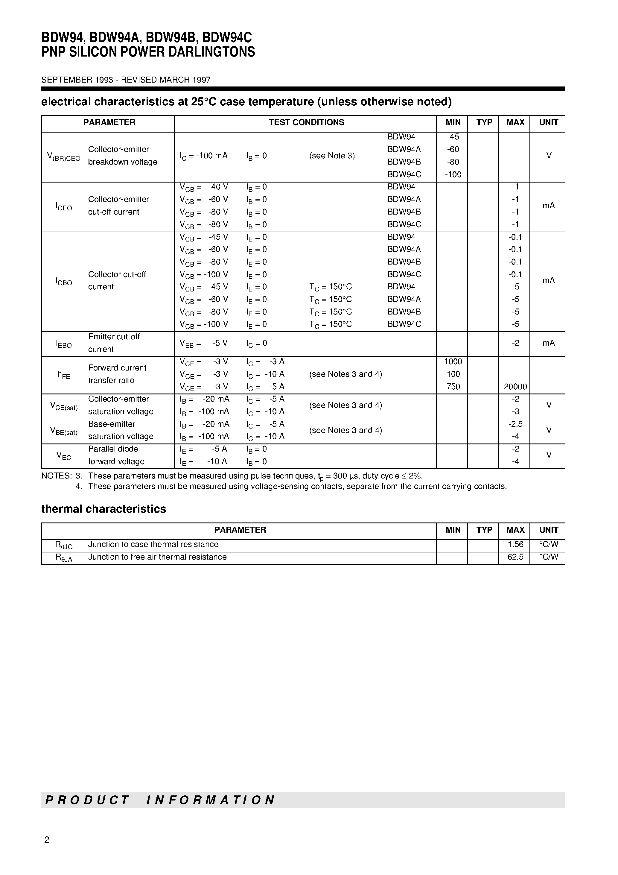 Datasheet BDW94A - PNP SILICON POWER DARLINGTONS page 2