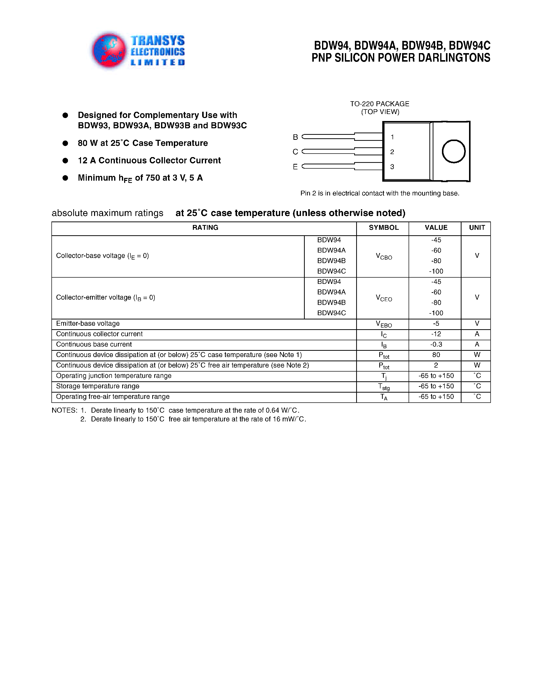 Datasheet BDW94B - PNP SILICON POWER DARLINGTONS page 1