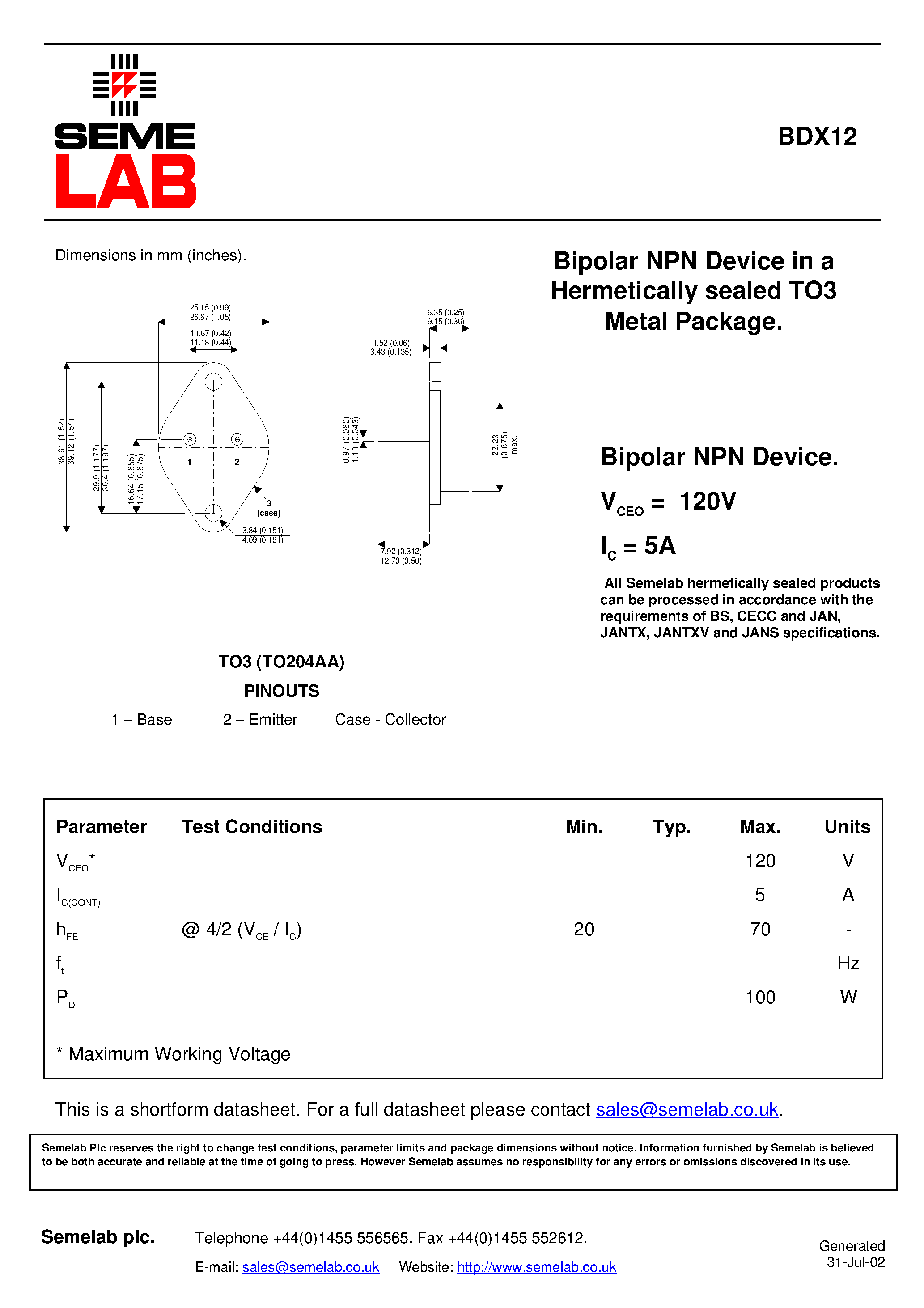 Datasheet BDX12 - Bipolar NPN Device in a Hermetically sealed TO3 Metal Package page 1