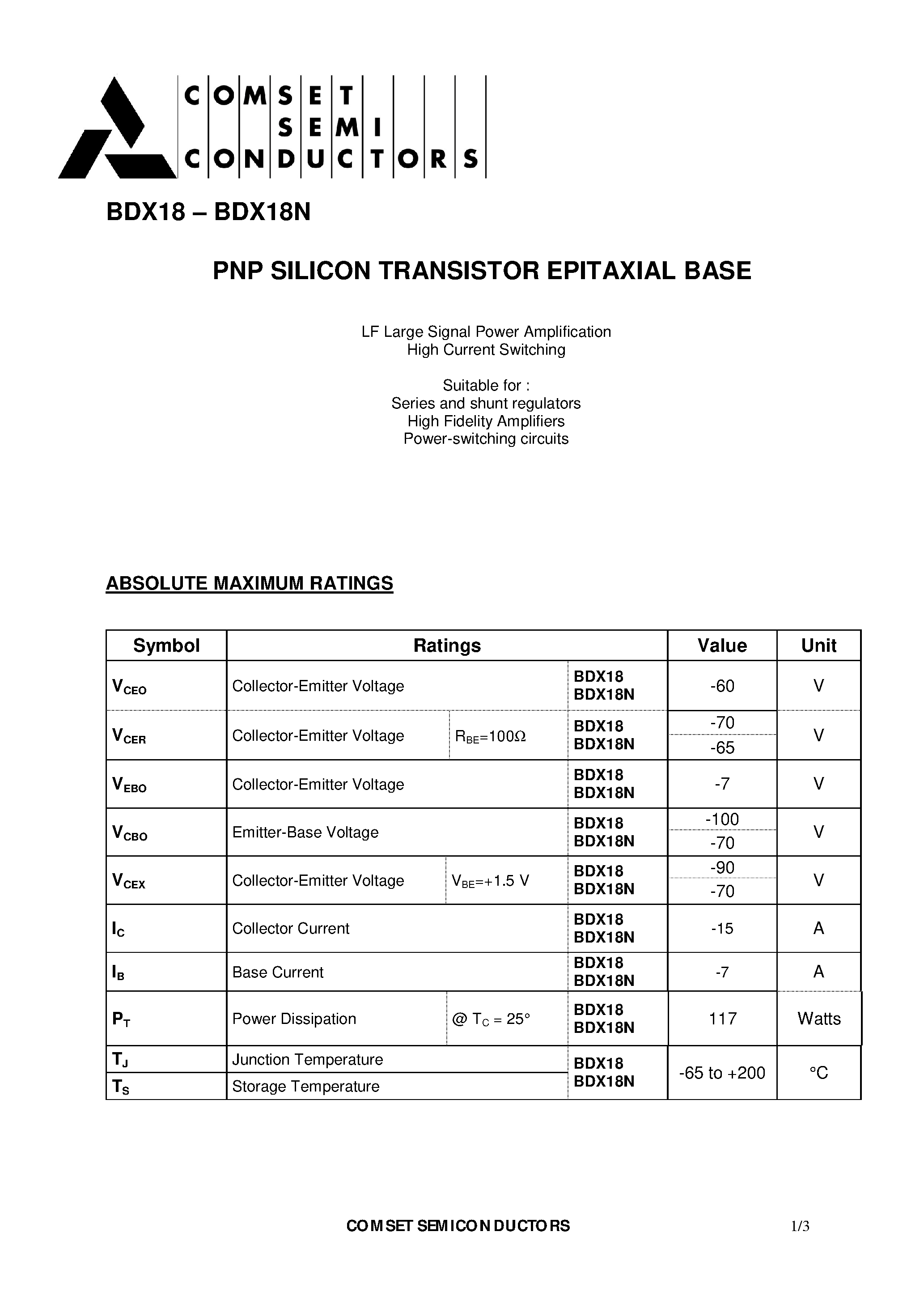 Datasheet BDX18 - PNP SILICON TRANSISTOR EPITAXIAL BASE page 1