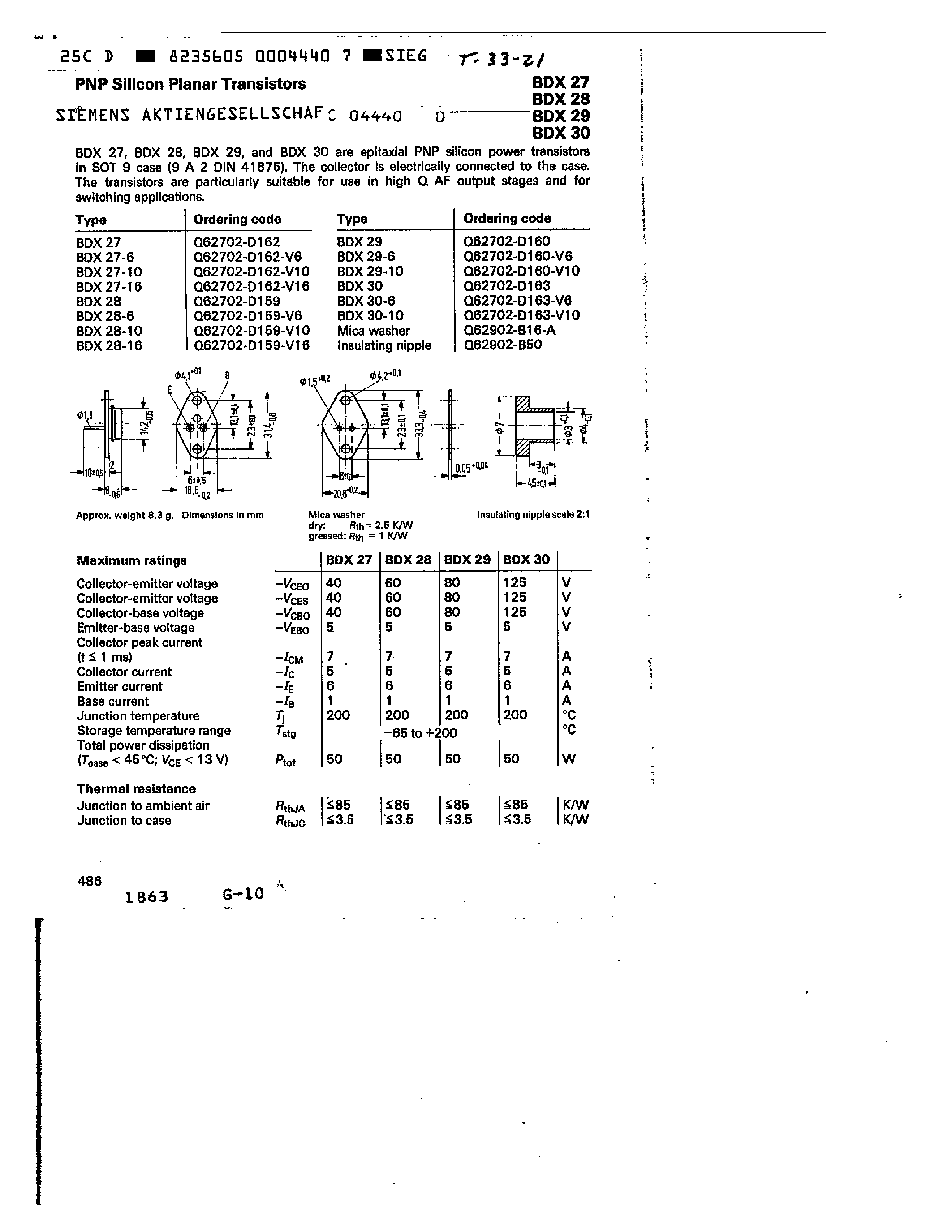 Datasheet BDX27 - PNP SILICON PLANAR TRANSISTORS page 1