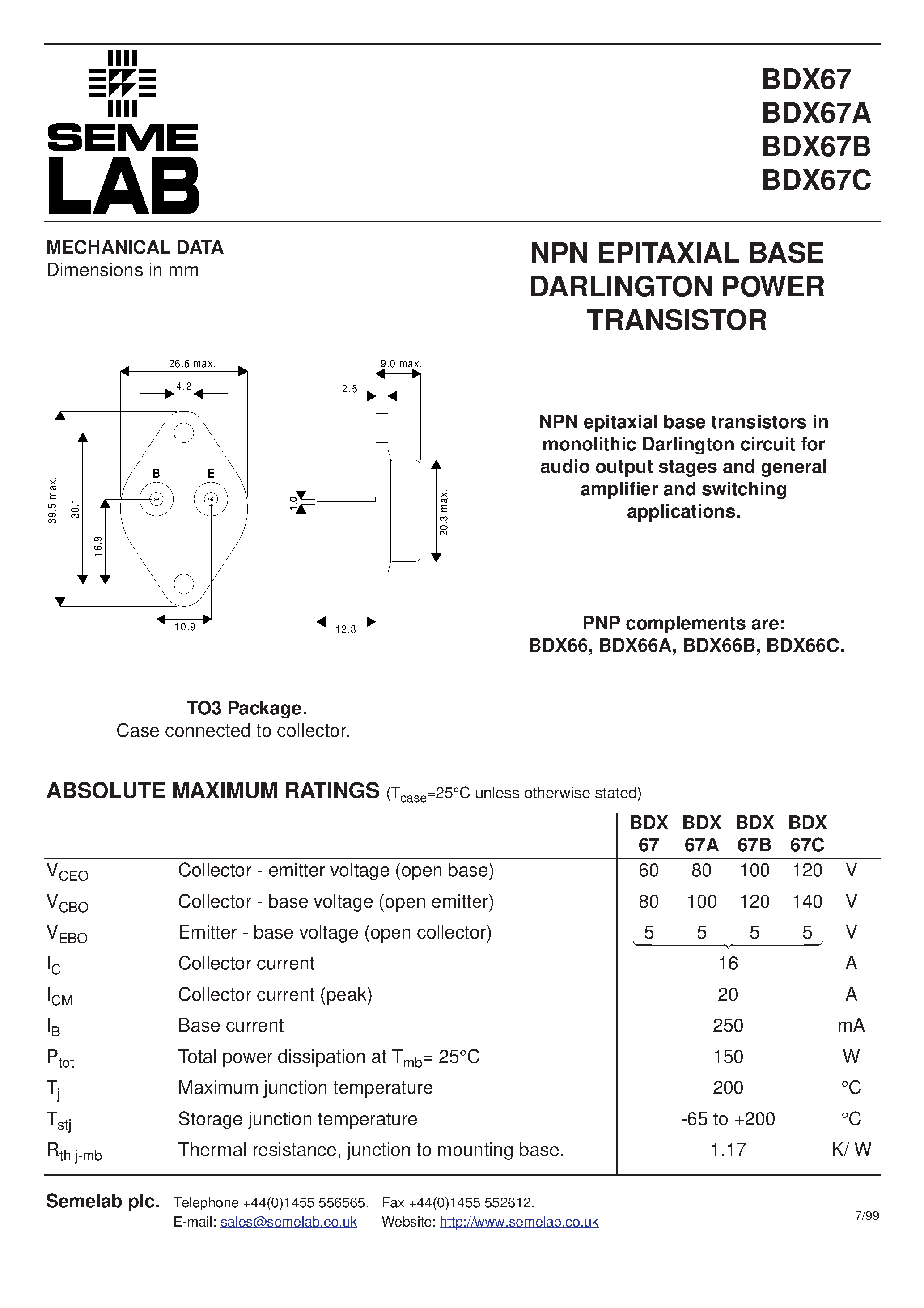 Datasheet BDX67 - NPN EPITAXIAL BASE DARLINGTON POWER TRANSISTOR page 1