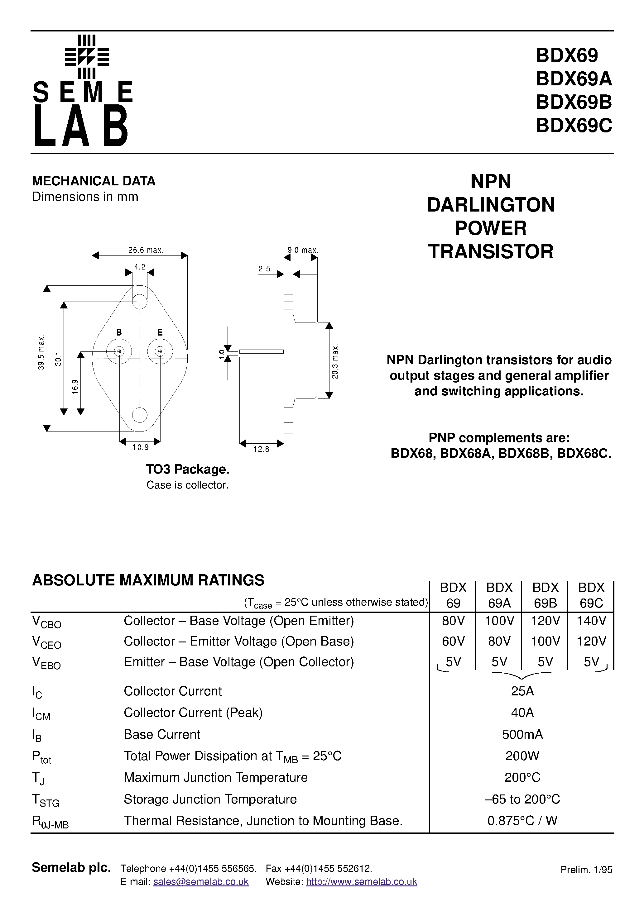 Datasheet BDX69 - NPN DARLINGTON POWER TRANSISTOR page 1