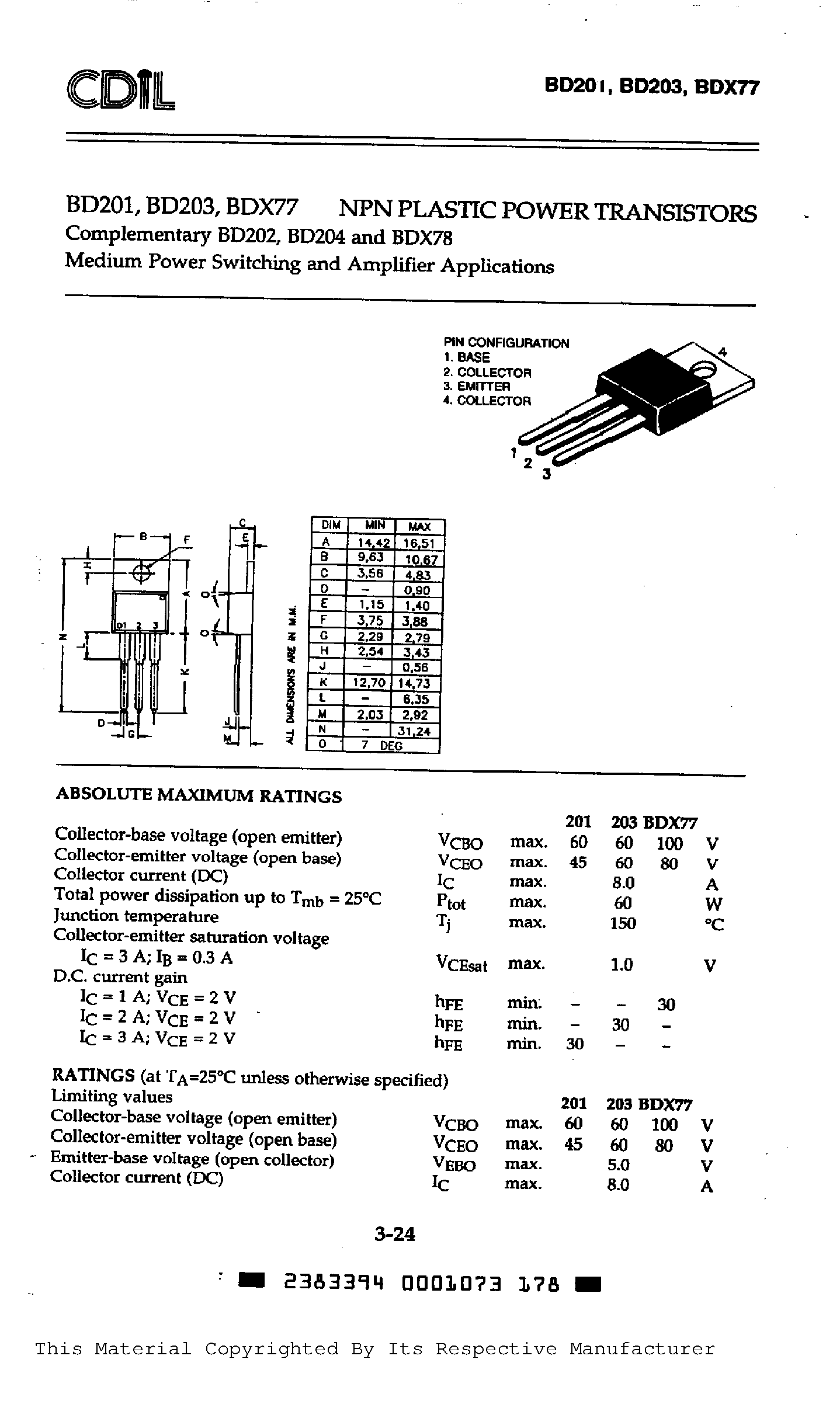 Datasheet BDX77 - Medium Power Switching and Amplifier Applications page 1