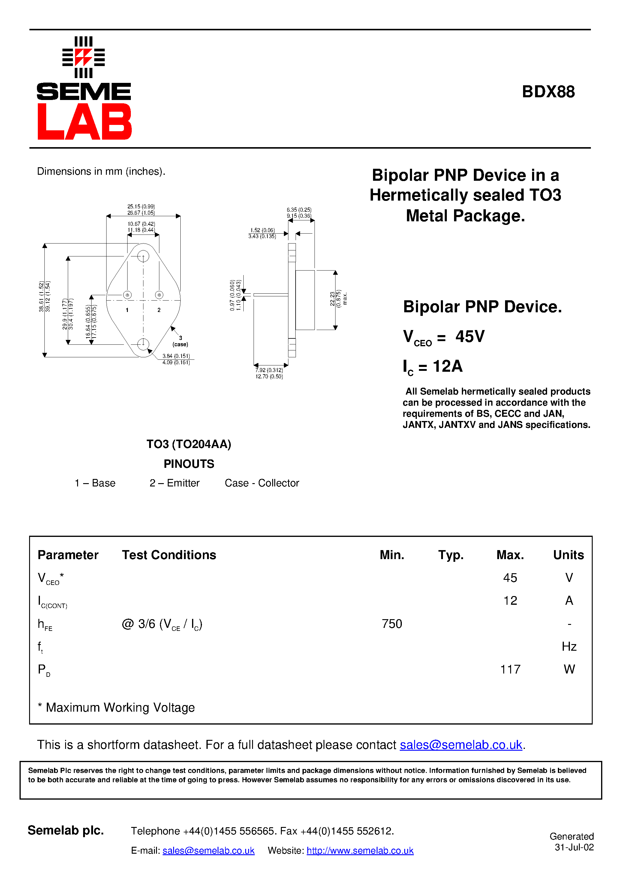 Datasheet BDX88 - Bipolar PNP Device in a Hermetically sealed TO3 Metal Package page 1