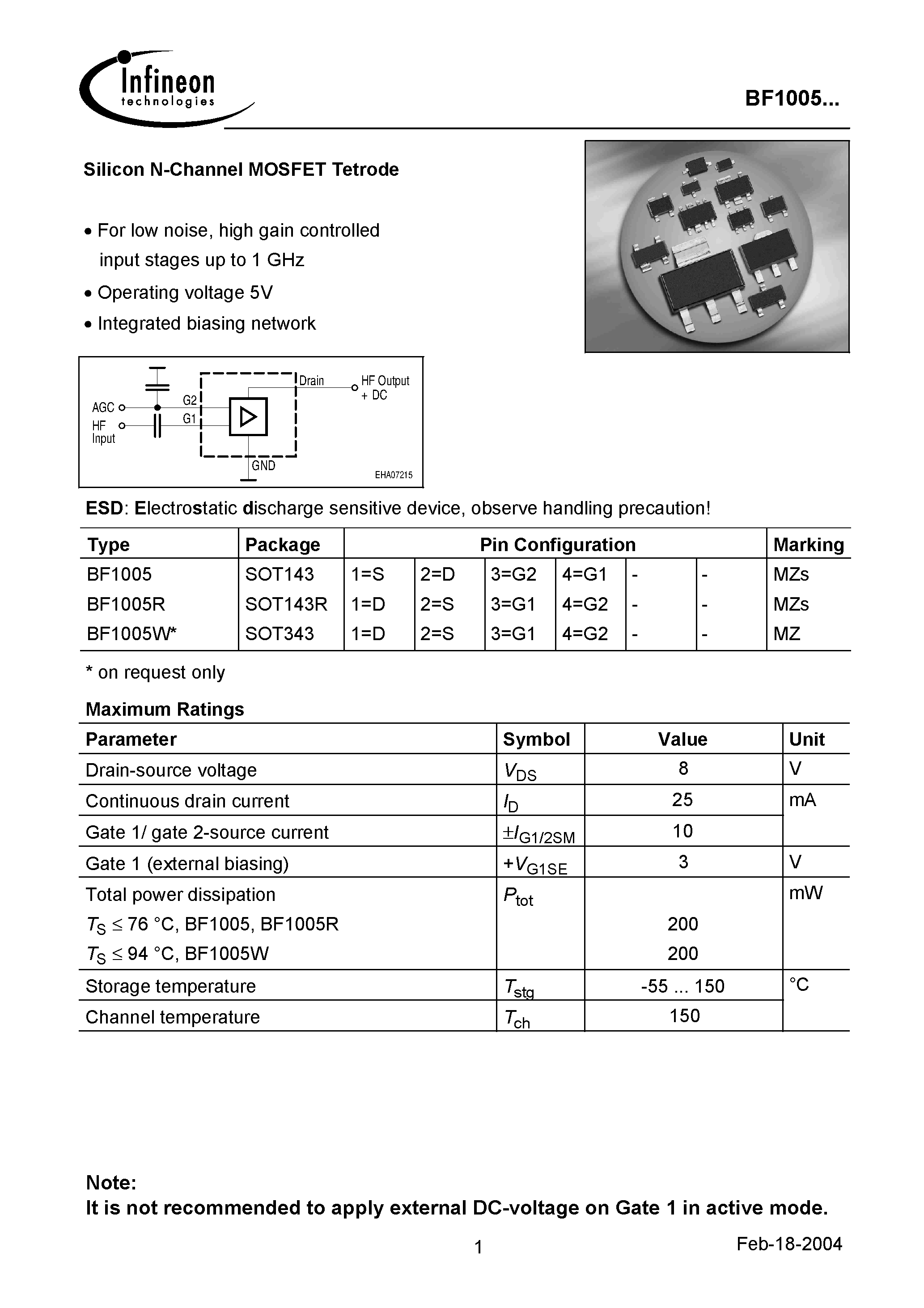 Даташит BF1005R - Silicon N-Channel MOSFET Tetrode страница 1
