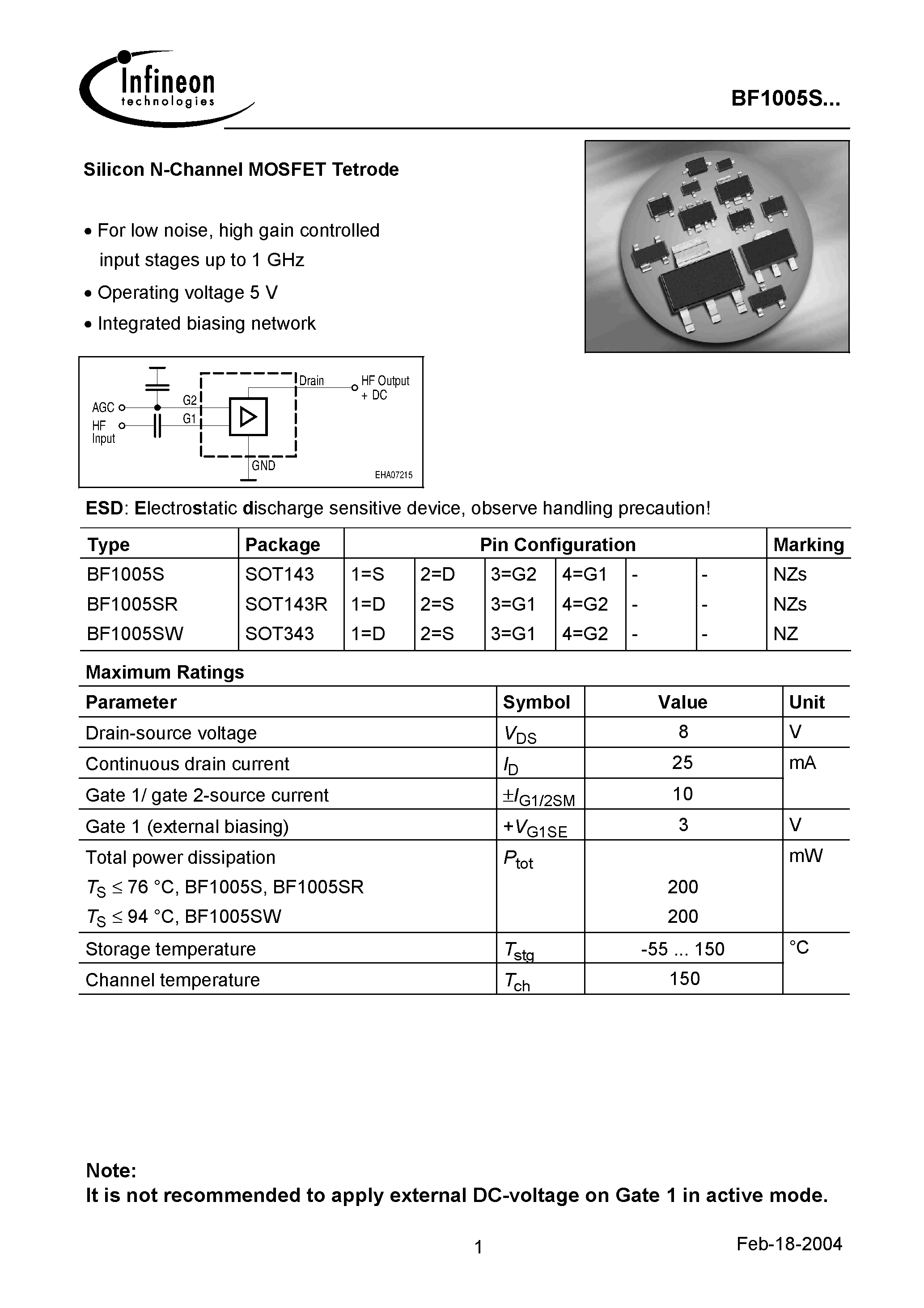 Datasheet BF1005SW - Silicon N-Channel MOSFET Tetrode page 1