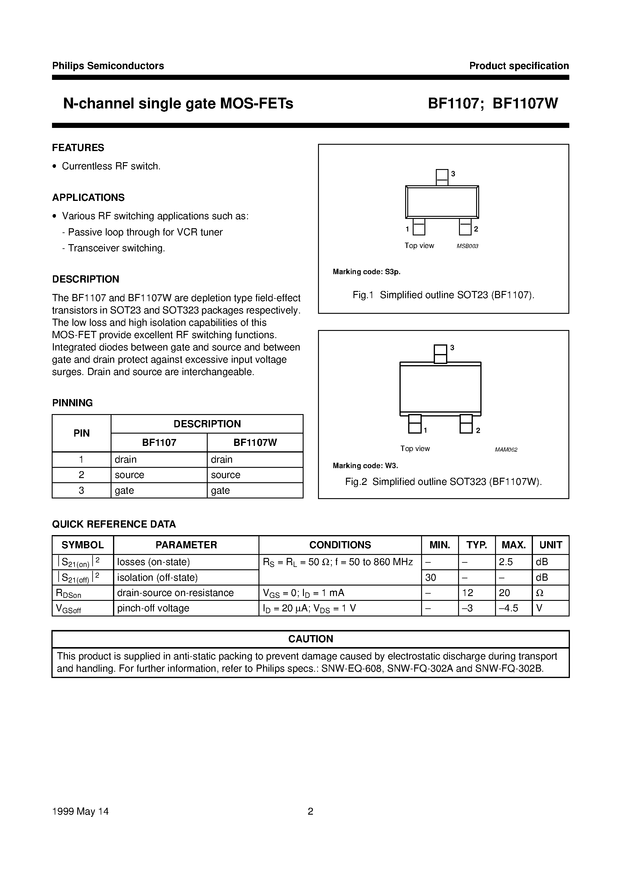 Datasheet BF1107W - N-channel single gate MOS-FETs page 2
