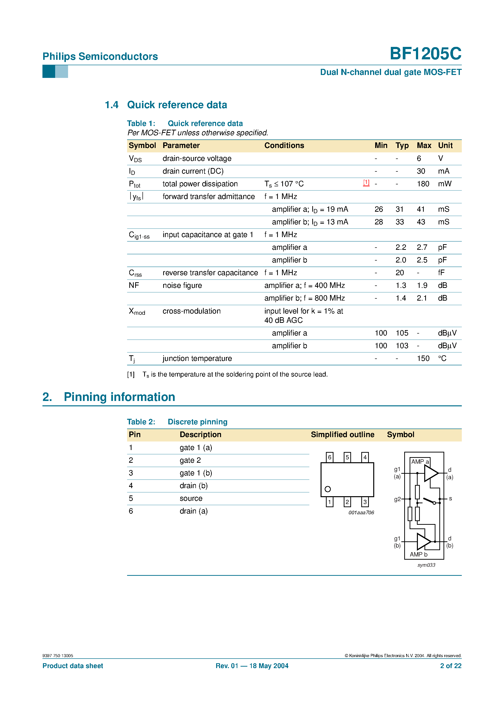 Datasheet BF1205C - Dual N-channel dual gate MOS-FET page 2