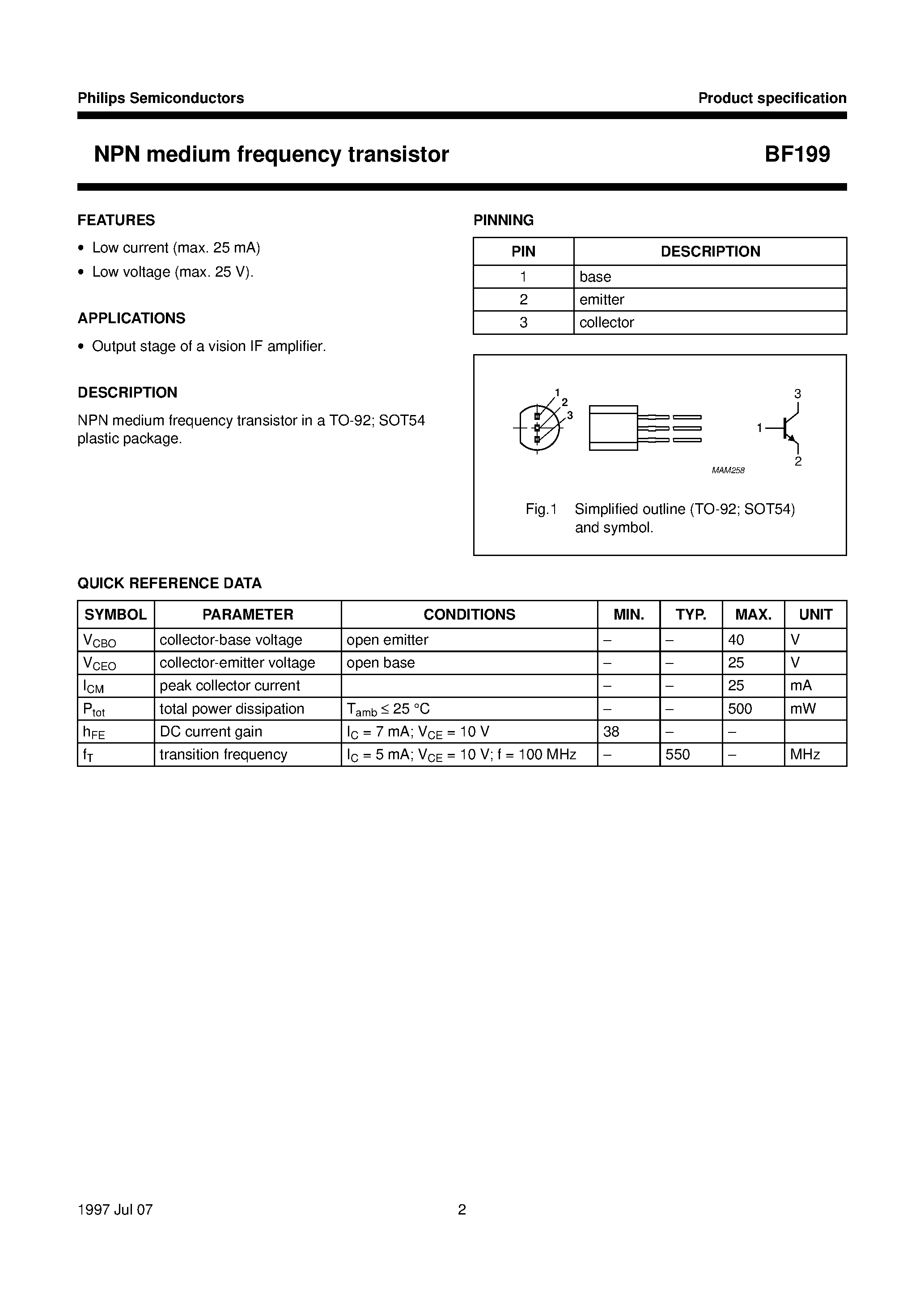 Datasheet BF199 - NPN medium frequency transistor page 2