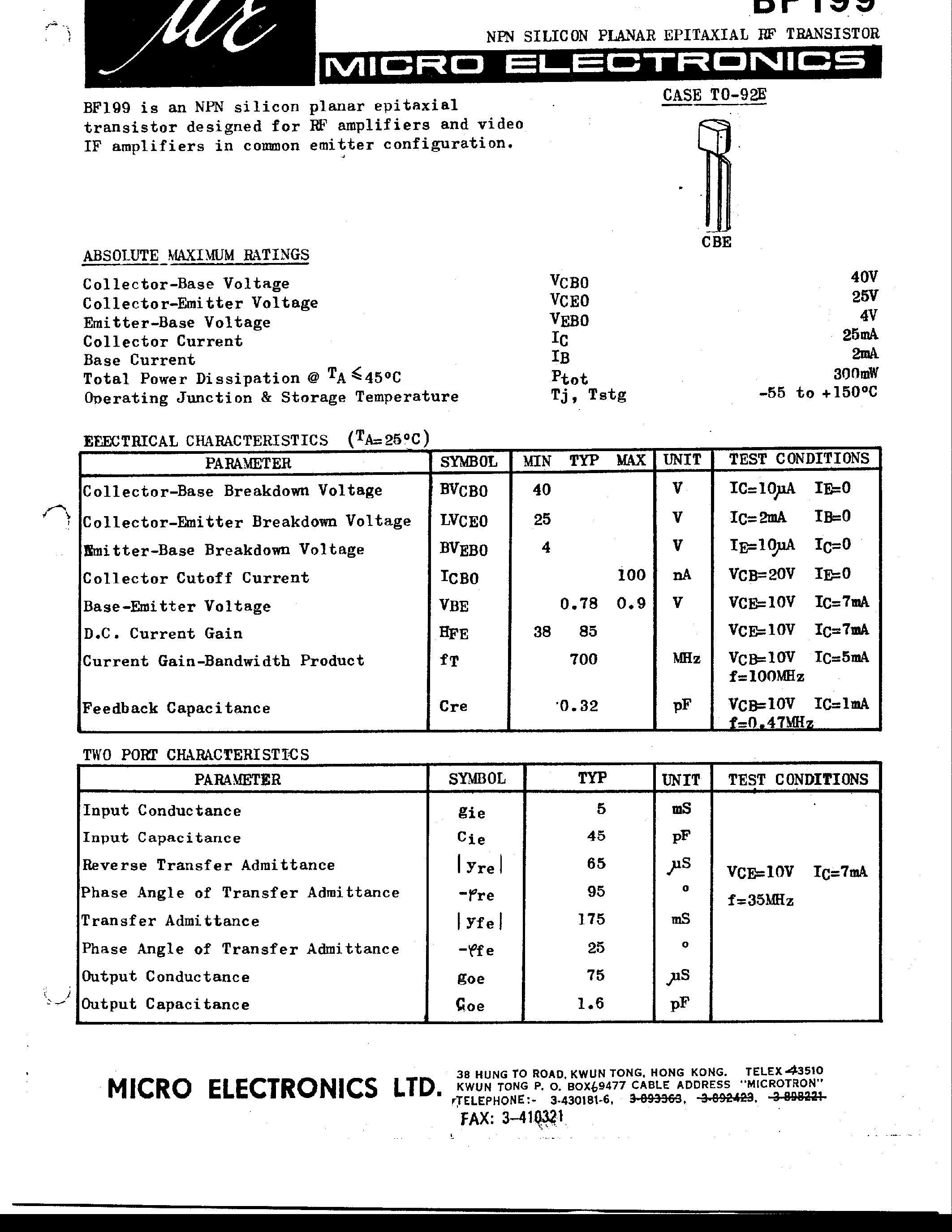 Datasheet BF199 - NPN SILICON PLANAR EPITAXIAL RF TRANSISTOR page 1