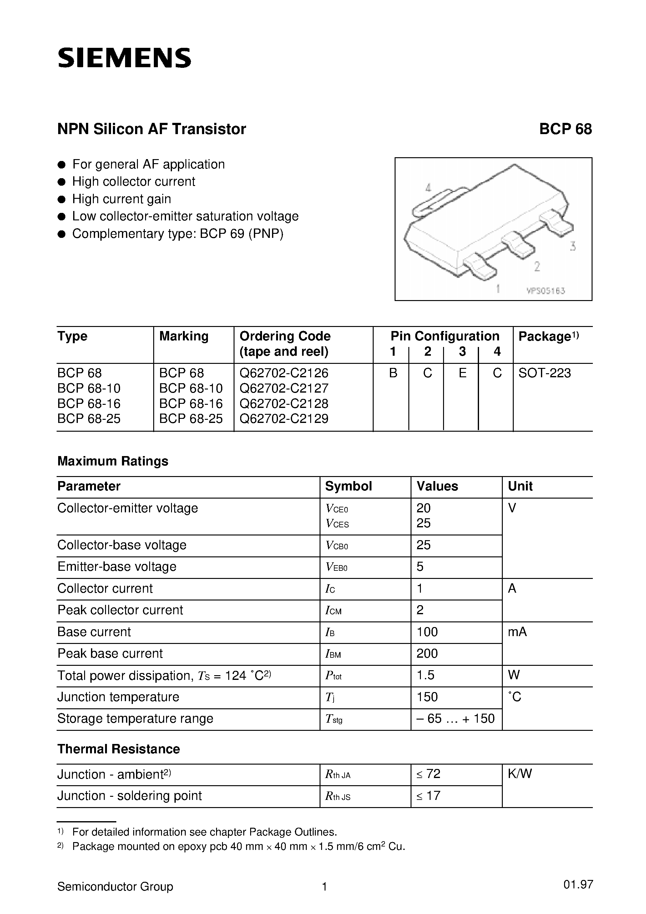 Datasheet BCP68-25 - NPN Silicon AF Transistor (For general AF application High collector current High current gain) page 1